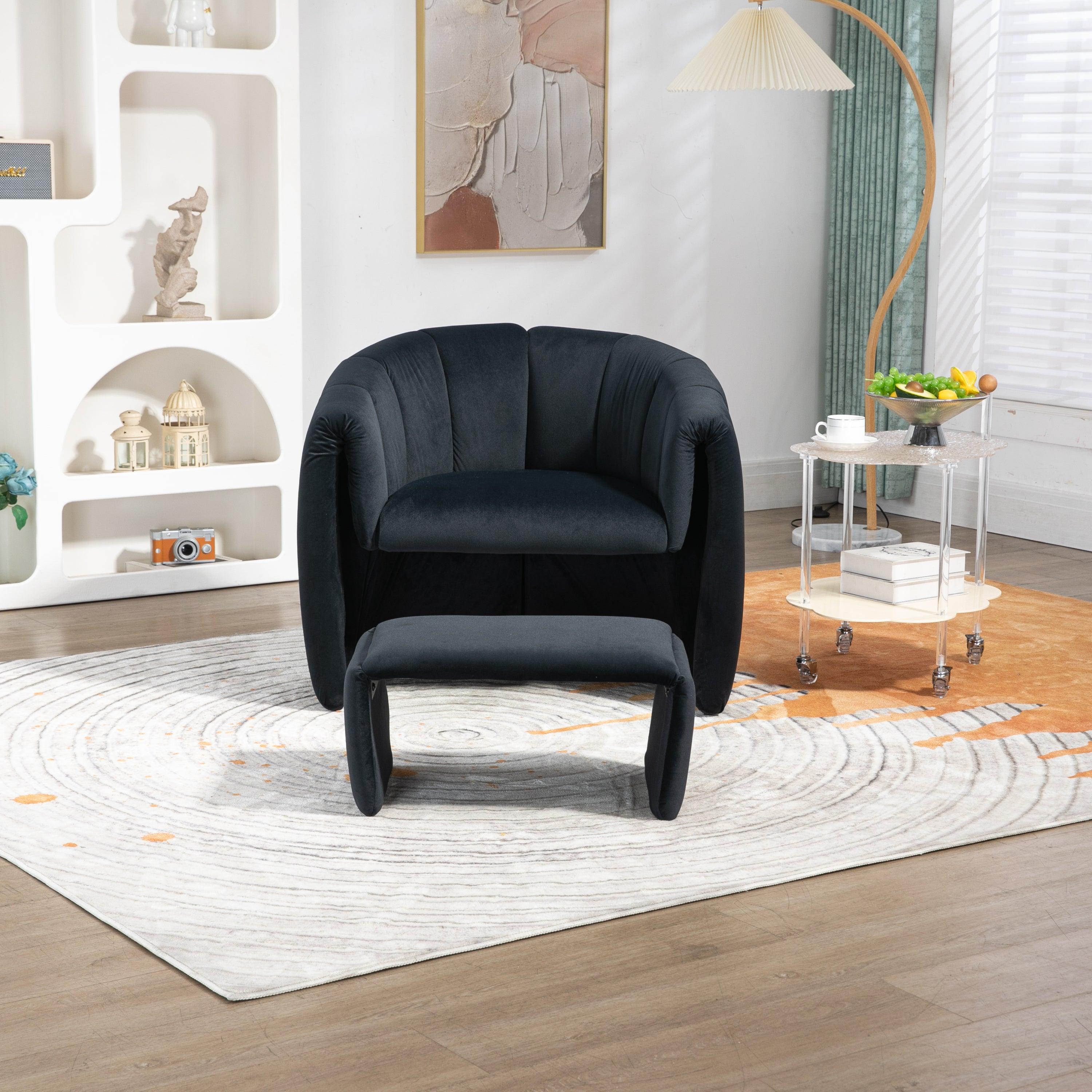🆓🚛 Yungee Mid Century Modern Barrel Accent Chair With Ottoman Set, Black