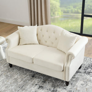 57" Chesterfield Sofa Grey Velvet for Living Room, 2 Seater Sofa Tufted Couch with Rolled Arms and Nailhead, with 2 Pillows