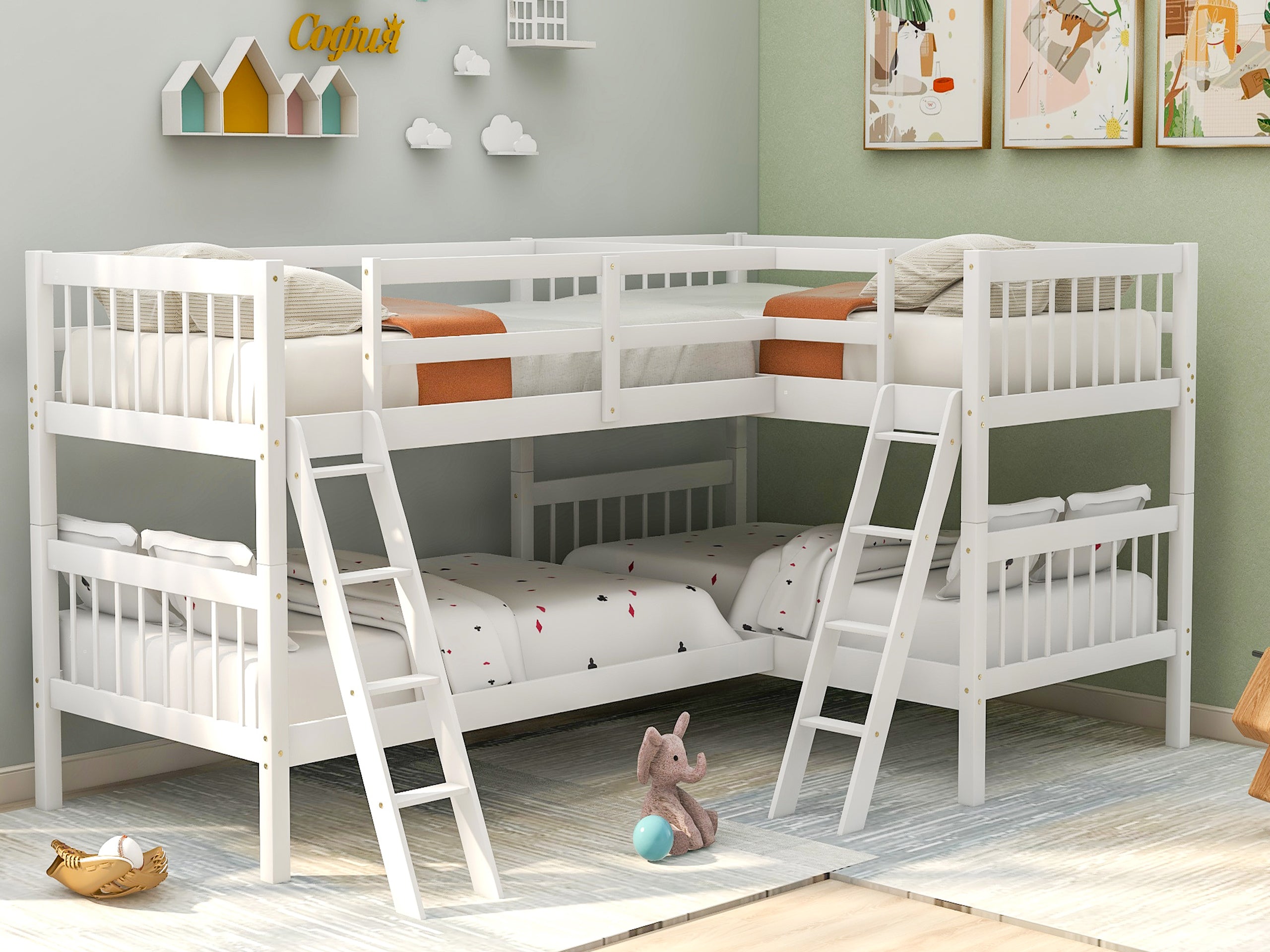 L-Shaped Bunk Bed with Ladder, Twin, Gray