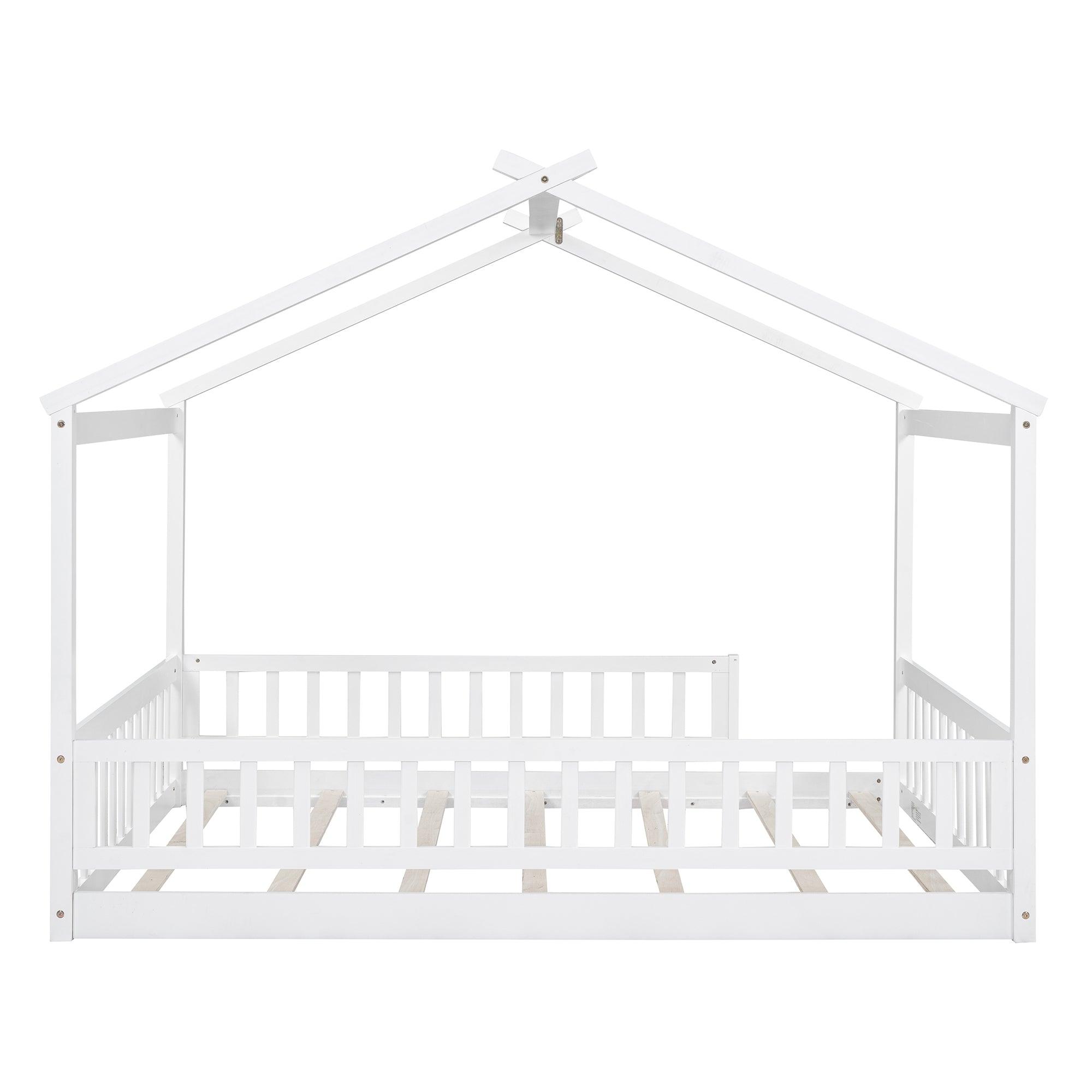 Full Size Wood Bed House Bed Frame with Fence, for Kids, Teens, Girls, Boys, White