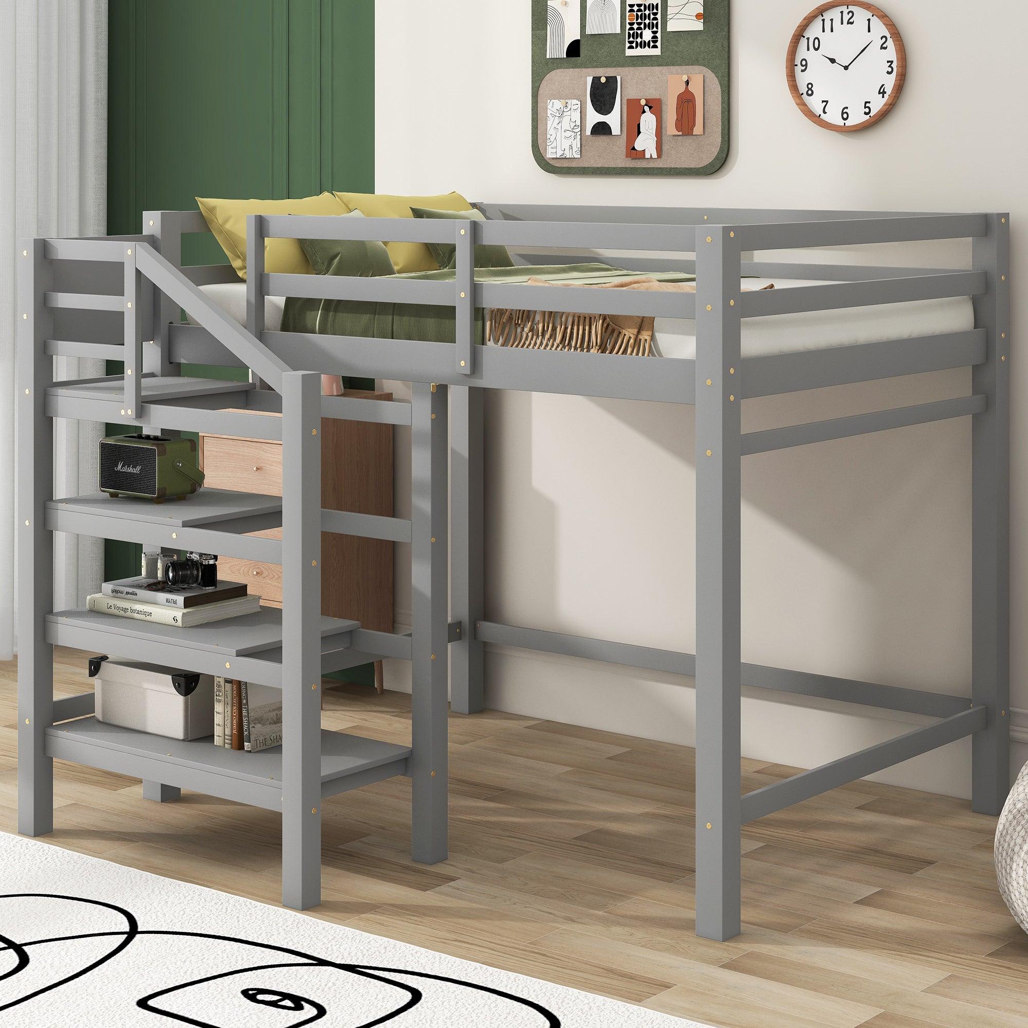 🆓🚛 Full Size Loft Bed With Built-in Storage Staircase and Hanger for Clothes, Gray