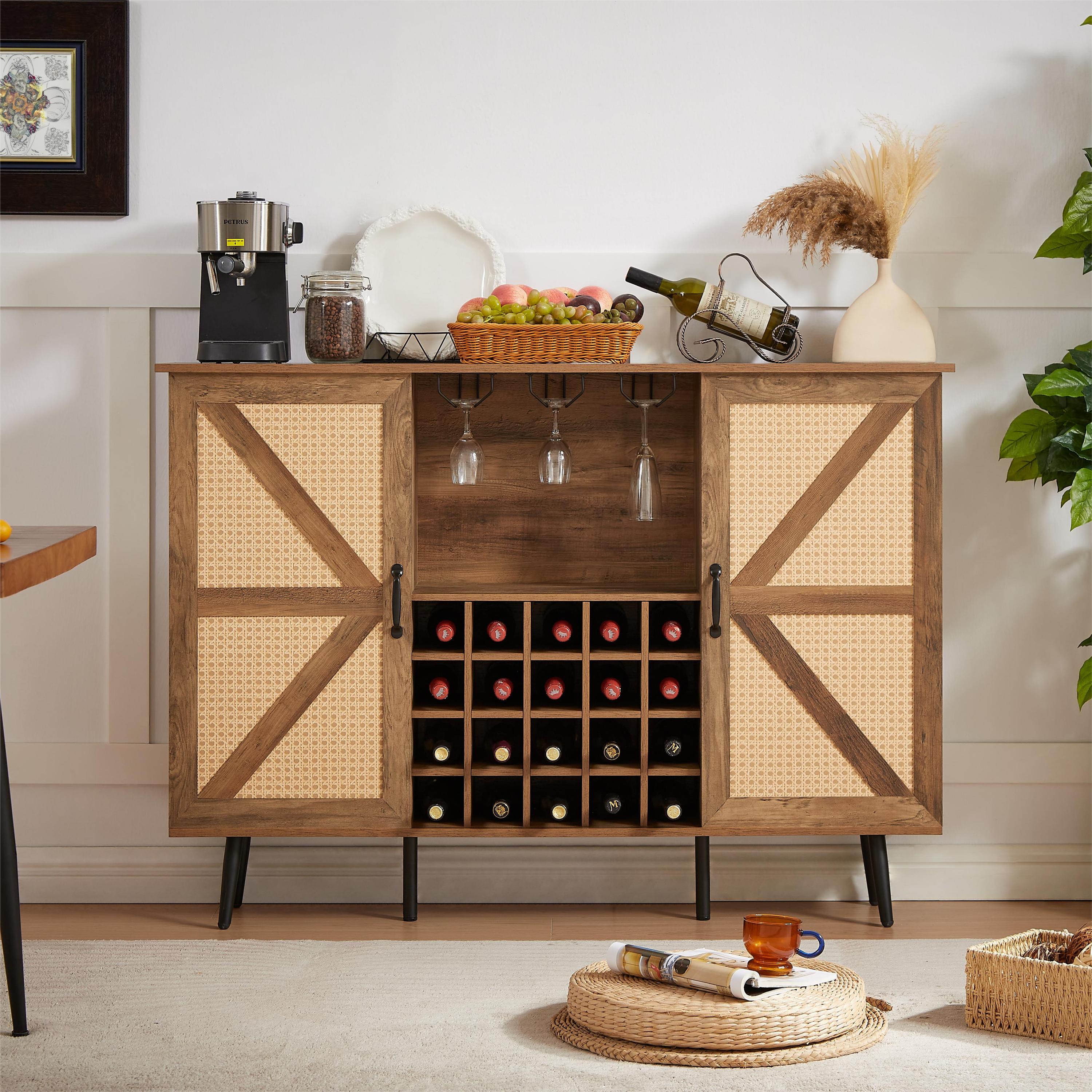 Oak Color Faux Rattan Barn Door Wine Cabinet with Wine Rack and Wine Glass Rack, Double Door Design with Removable Shelves, Rustic Wood Storage Cabinet