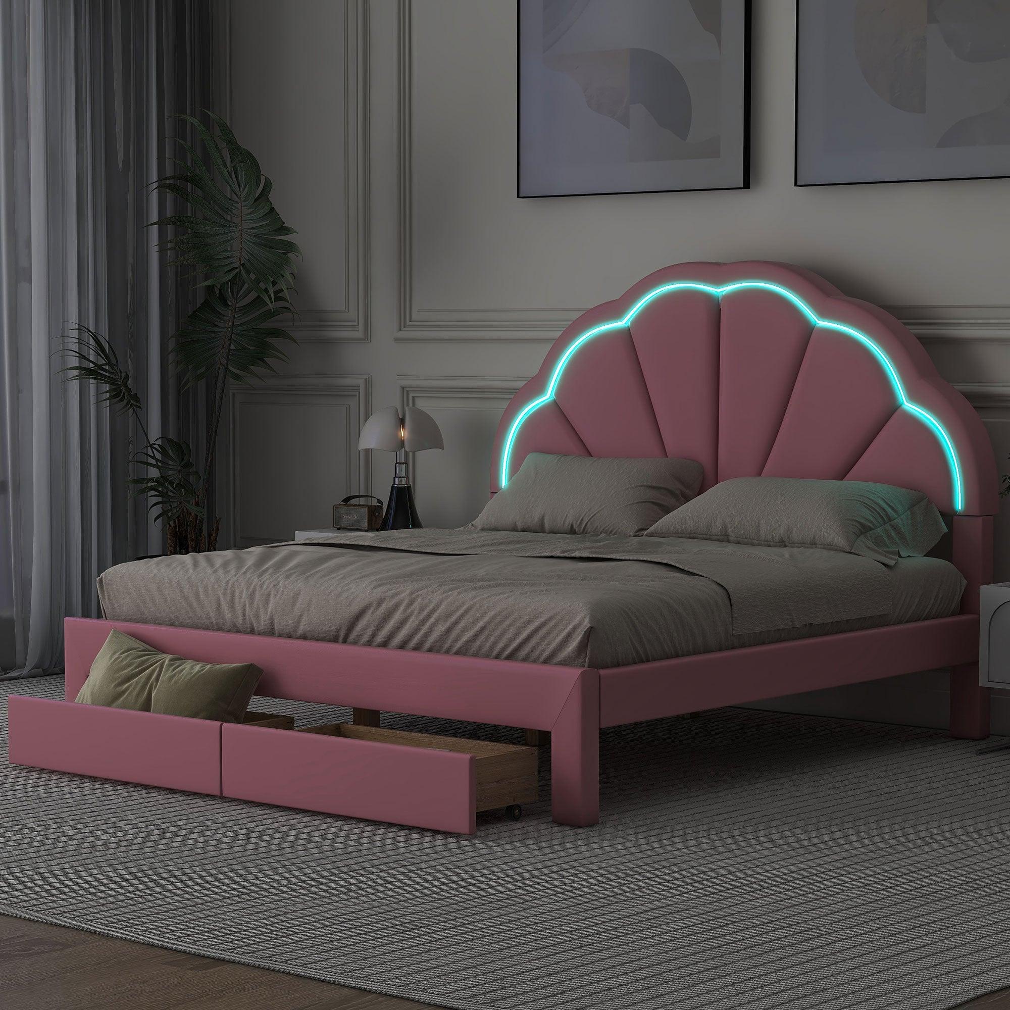 🆓🚛 Queen Size Upholstered Platform Bed With Seashell Shaped Headboard, Led & 2 Drawers, Pink