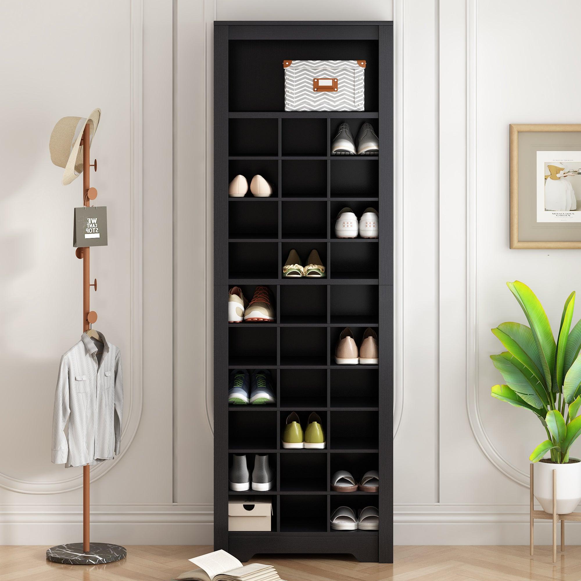 🆓🚛 Stylish Design 30 Shoe Cubby Console, Contemporary Shoe Cabinet With Multiple Storage Capacity, for Hallway & Bedroom - Black