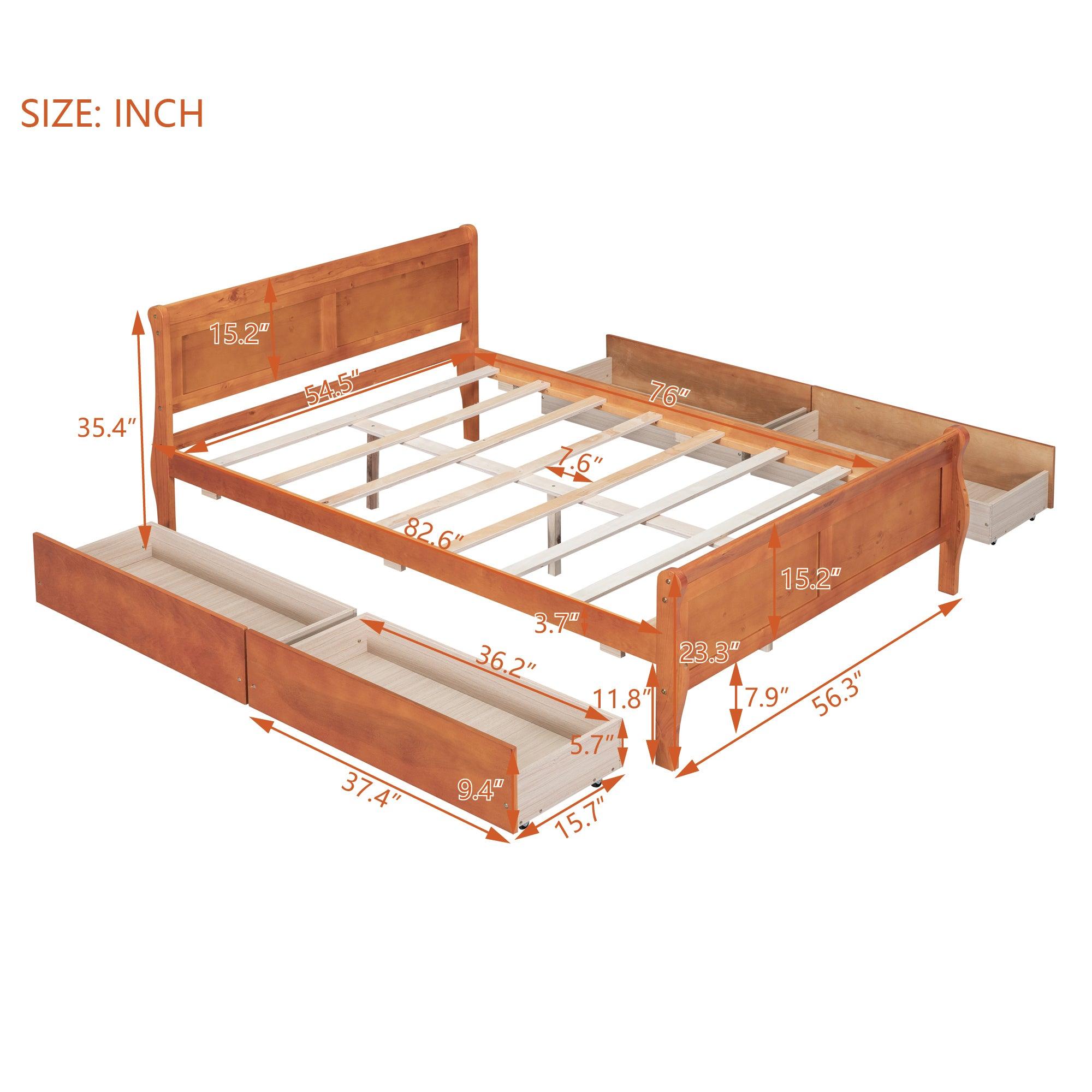 Full Size Wood Platform Bed with 4 Drawers and Streamlined Headboard & Footboard, Oak