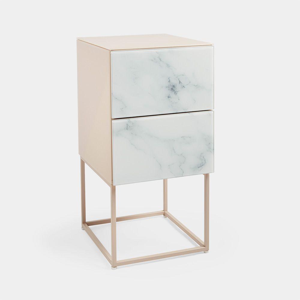 🆓🚛 Tempered Glass Marble Stone Double Drawer Bedside Table for Bedroom, Living Room
