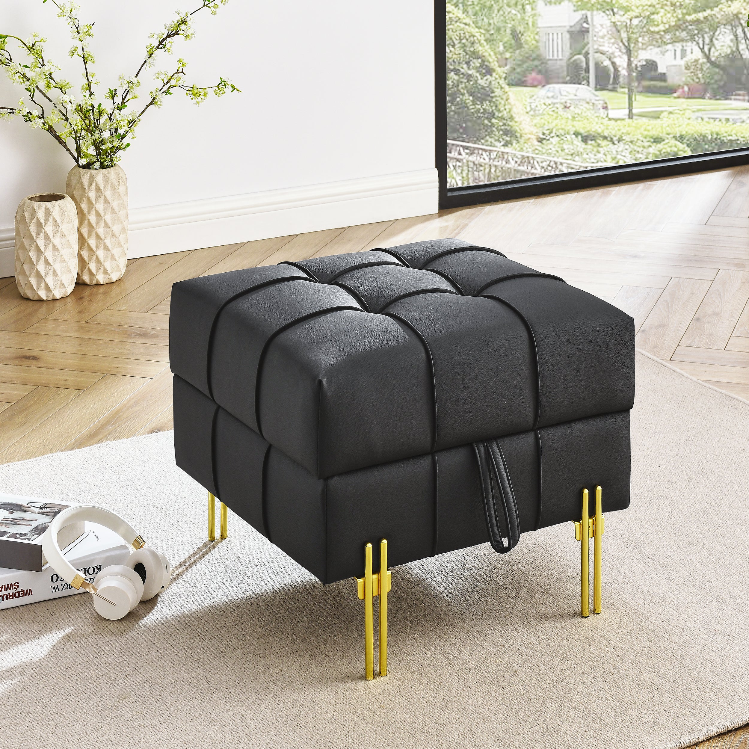 22 Inches Anti-Scratch Leather Storage Ottoman, Pet Friendly Entryway Bench With Golden Stainless Steel Legs, Black