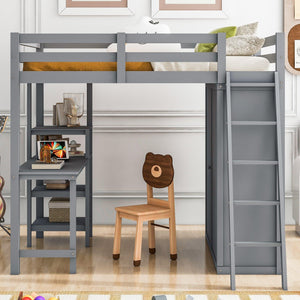 Full Size Loft Bed with Wardrobe and Desk and Shelves, Gray