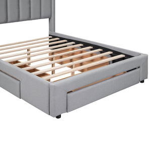 Full Size Upholstered Platform Bed with One Large Drawer in the Footboard and Drawer on Each Side, Gray