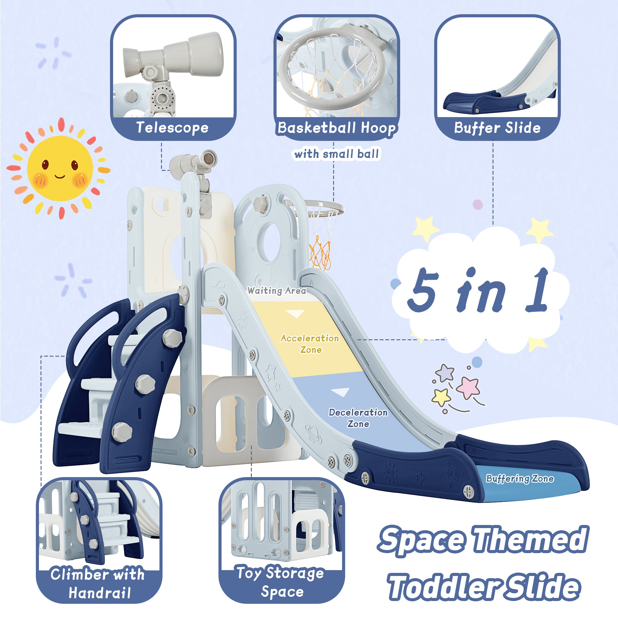 🆓🚛 5-1 Toddler Slide Set, Freestanding Spaceship Set With Slide, Kids Slide Playset Structure, Telescope and Basketball Hoop, Toy Storage Space, Kids Climbers Playground