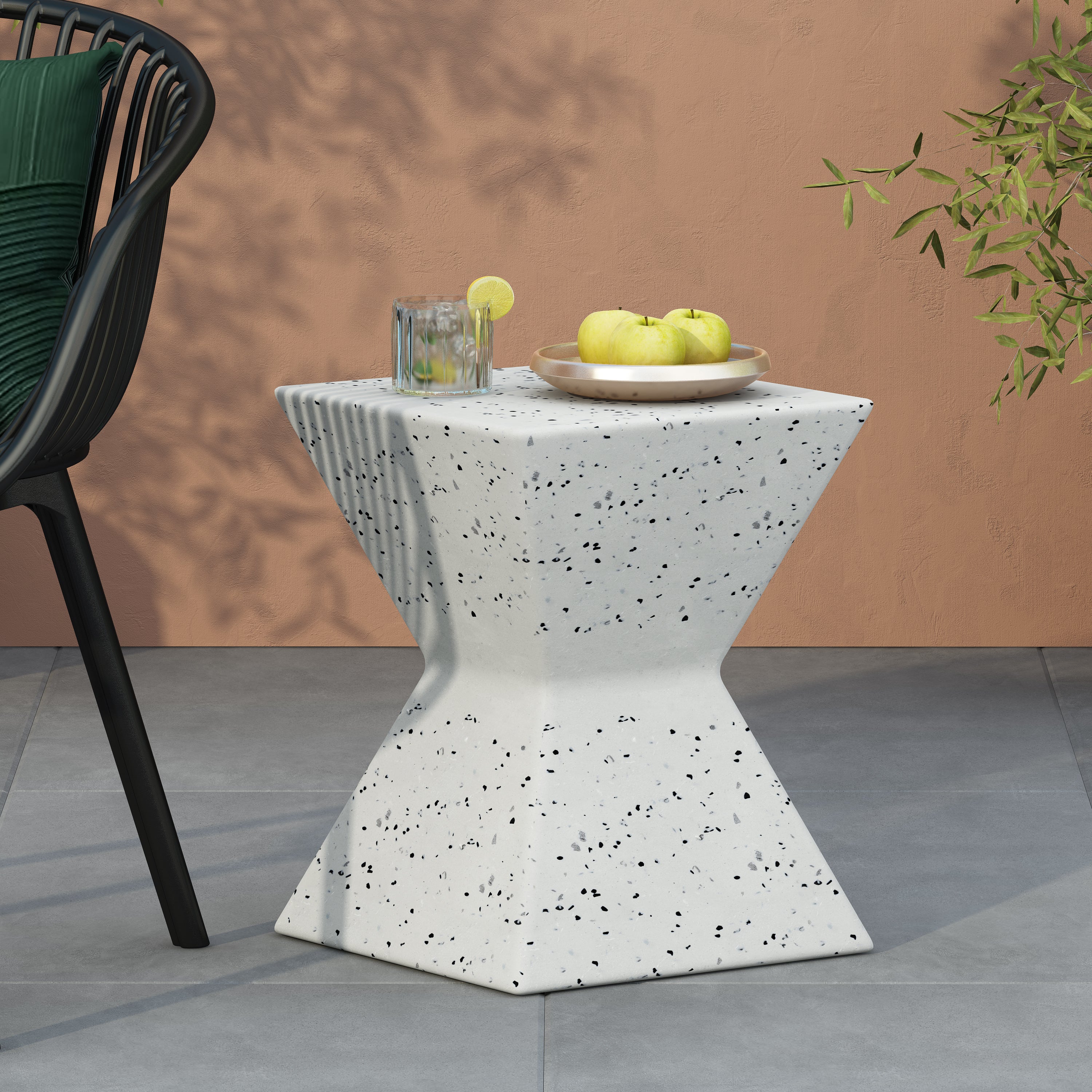 14.75" White Terrazzo Finish Prismatic Symmetry Concrete Outdoor Side Table With Prismatic Design – Weather-Resistant Accent for Patio, Garden, Or Balcony