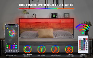 Full Size Bed Frame with Storage Headboard and 2 Drawers, LED Lights Bed with Charging Station, Metal Platform Bed No Noise