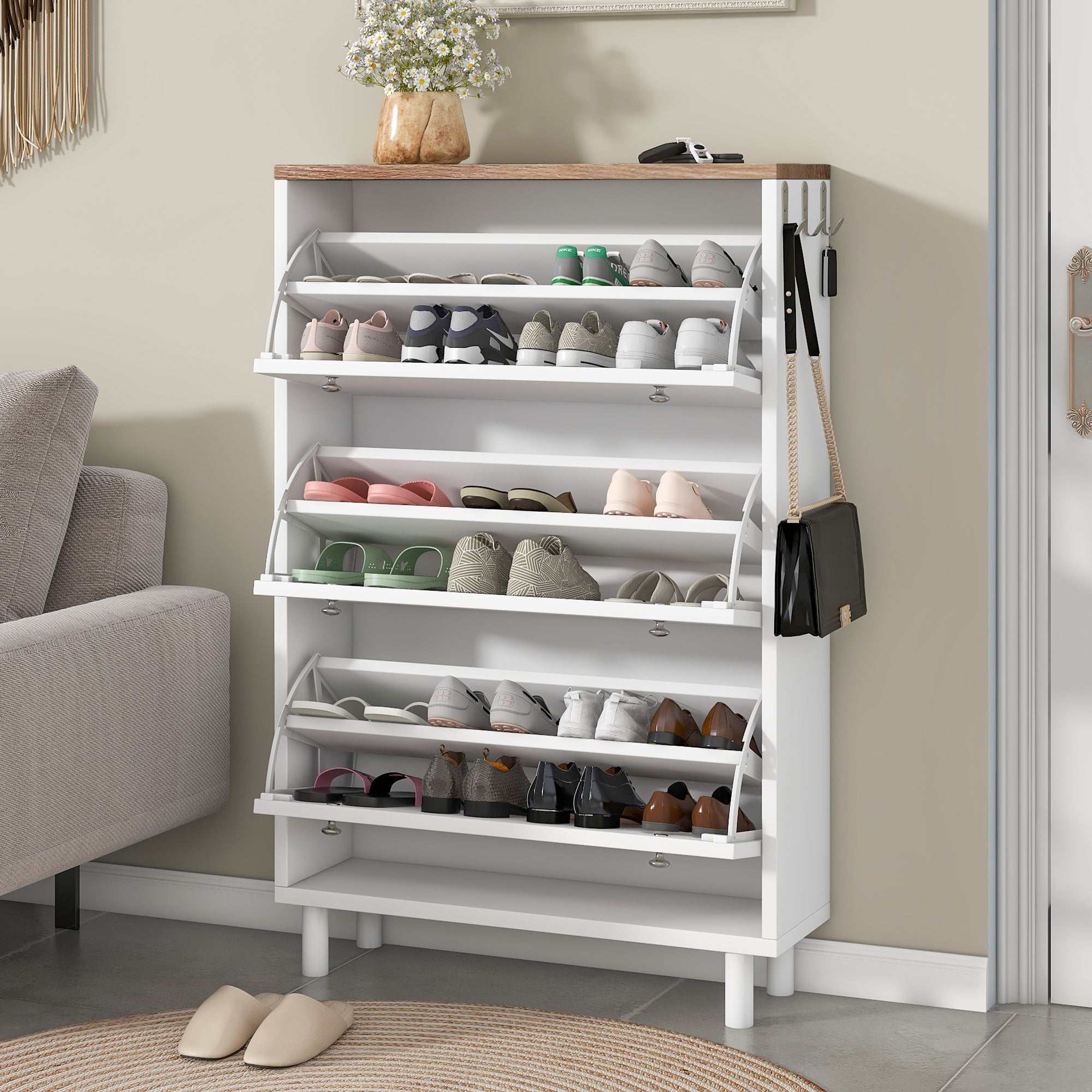 🆓🚛 Narrow Design Shoe Cabinet With 3 Flip Drawers, Wood Grain Pattern Top Entryway Organizer With 3 Hooks, Free Standing Shoe Rack With Adjustable Panel for Hallway, White