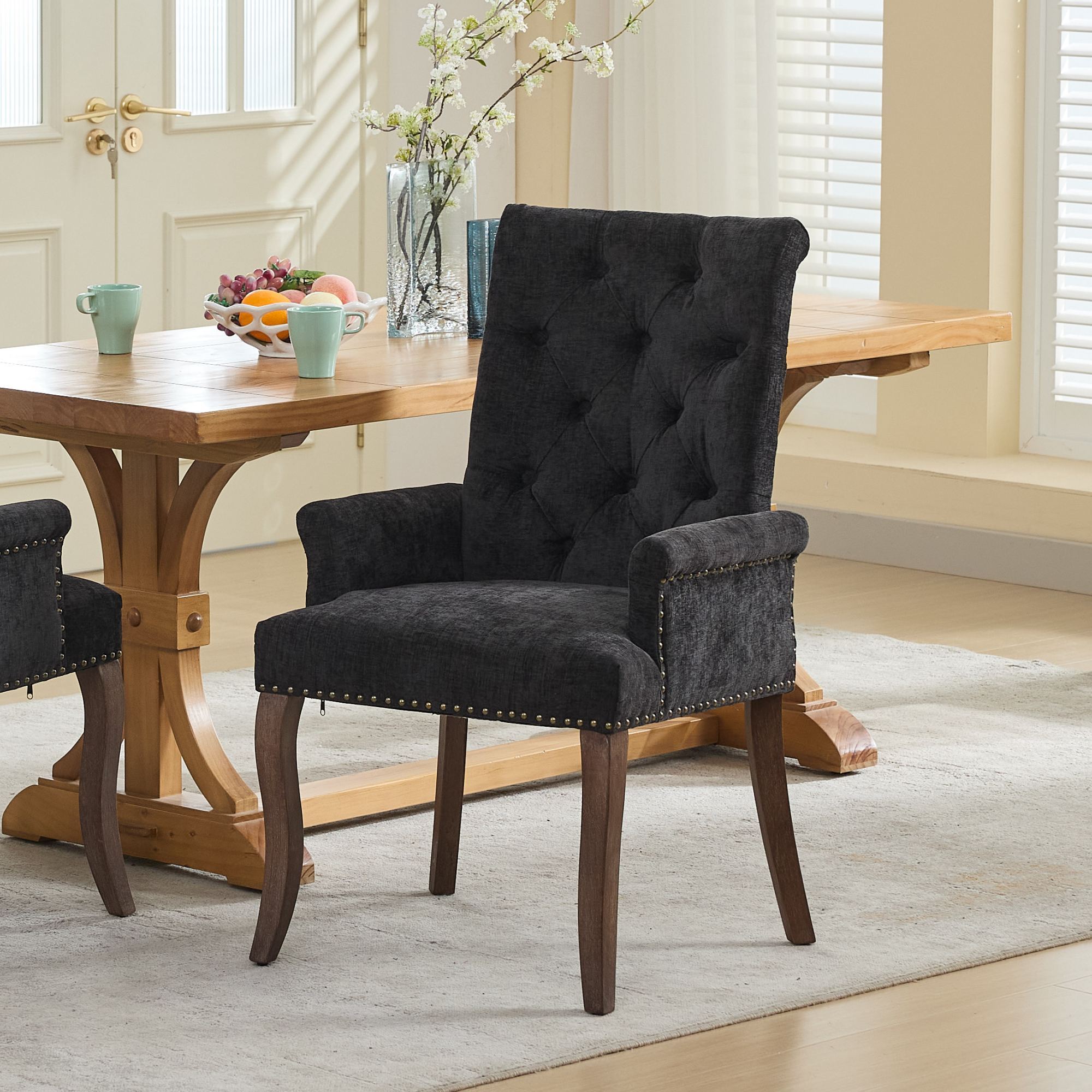 Upholstered Chenille Fabric Accent Dining Chair, Curved Solid Wood Legs, Elegant Tufted Club Dining Room Kitchen Room Arm Dining Chair, Single Pack, Black, SW1895BK