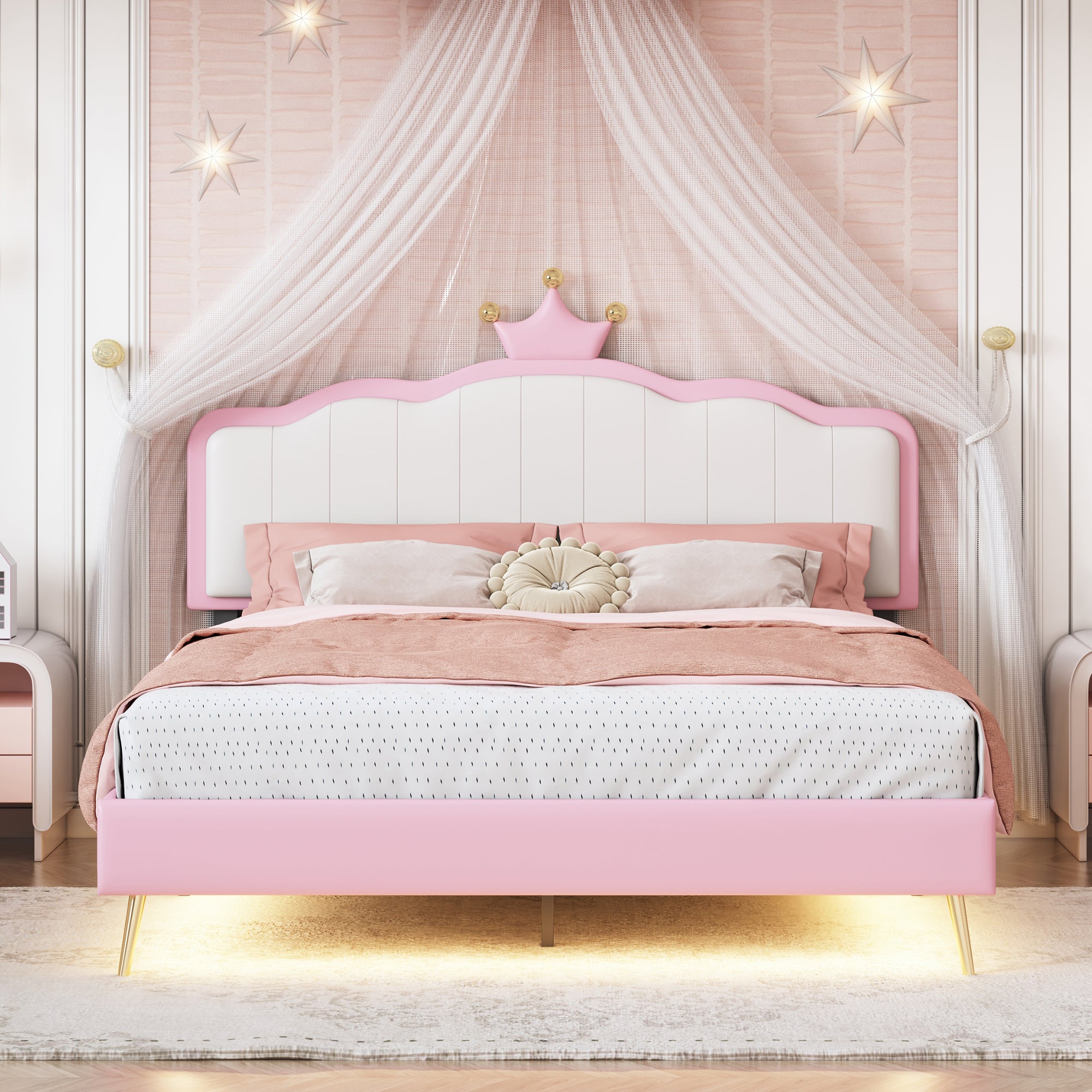 🆓🚛 Full Size Upholstered Princess Bed With Crown Headboard, Full Size Platform Bed With Headboard and Footboard With Light Strips, Golden Metal Legs, White+Pink