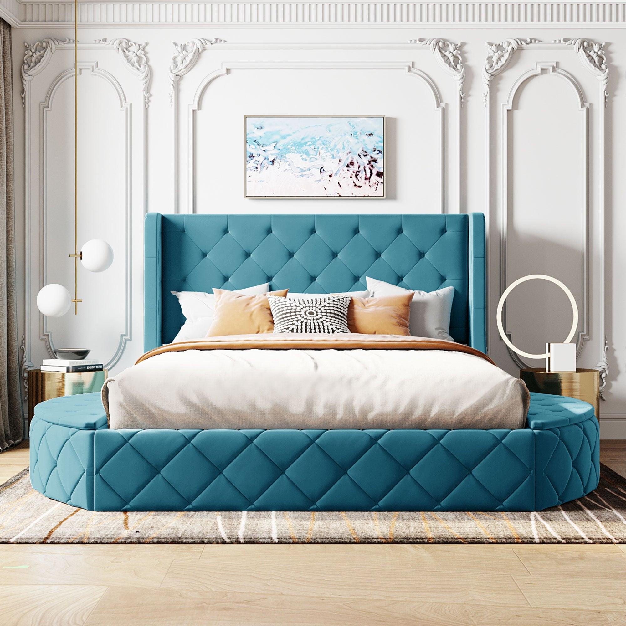 🆓🚛 Upholstered Platform Bed Queen Size Storage Velvet Bed With Wingback Headboard and 1 Big Drawer, 2 Side Storage Stool(Blue)