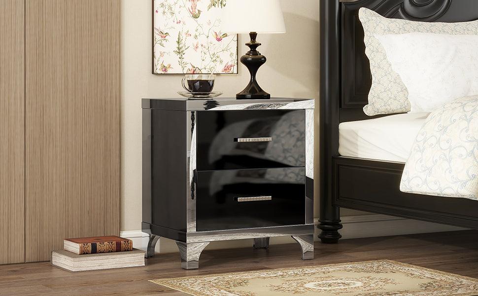 Elegant High Gloss Nightstand with Metal Handle, Mirrored Bedside Table with 2 Drawers for Bedroom, Living Room, Black