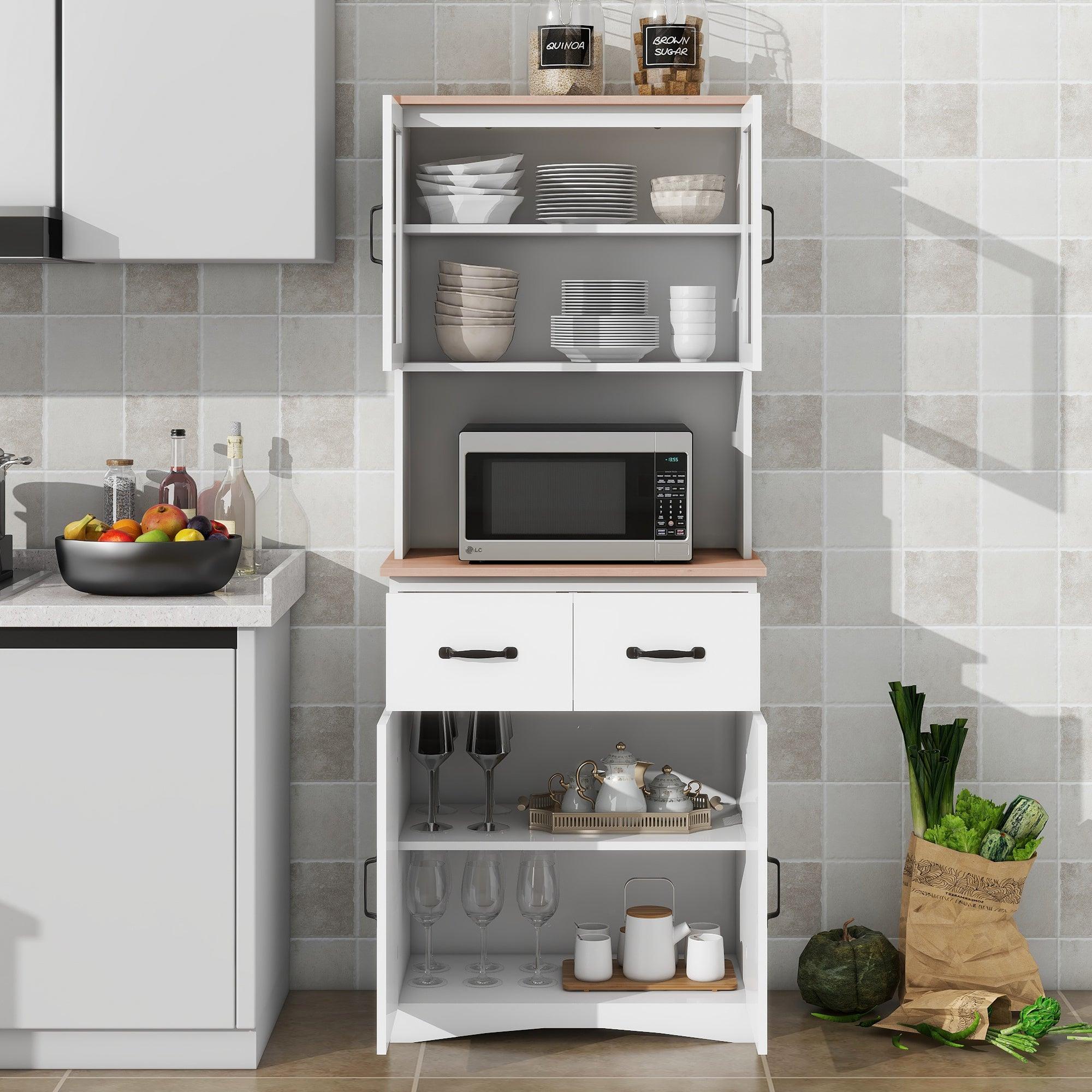 🆓🚛 Wooden Kitchen Cabinet White Pantry Room Storage Microwave Cabinet With Framed Glass Doors & Drawer