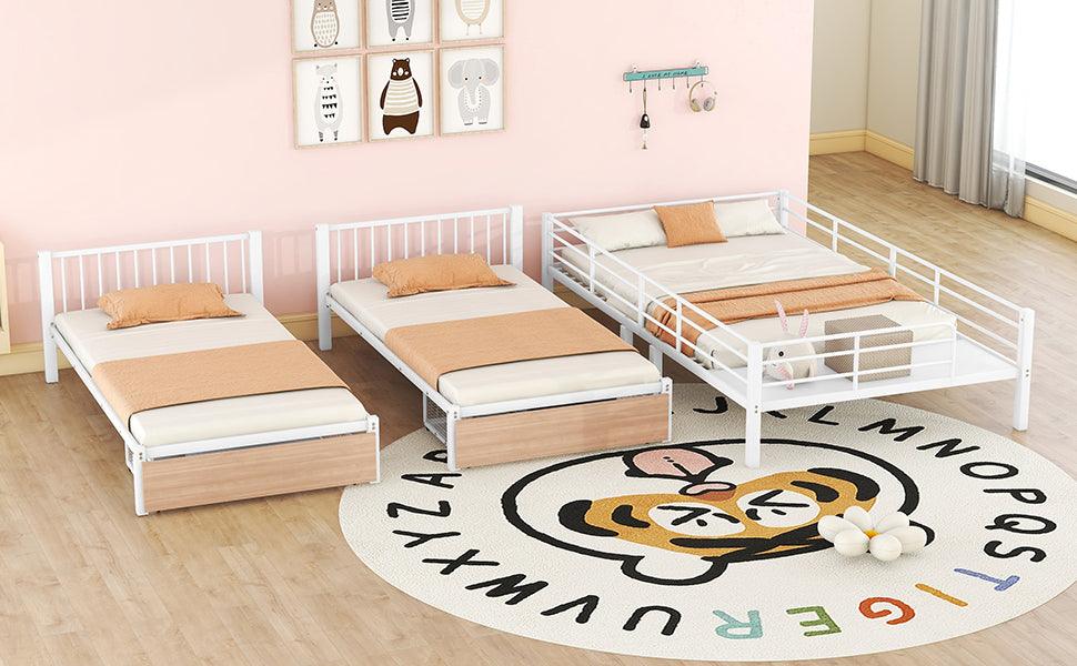 Full Over Twin & Twin Triple Bunk Bed with Drawers, Multi-functional Metal Frame Bed with desks and shelves in the middle, White