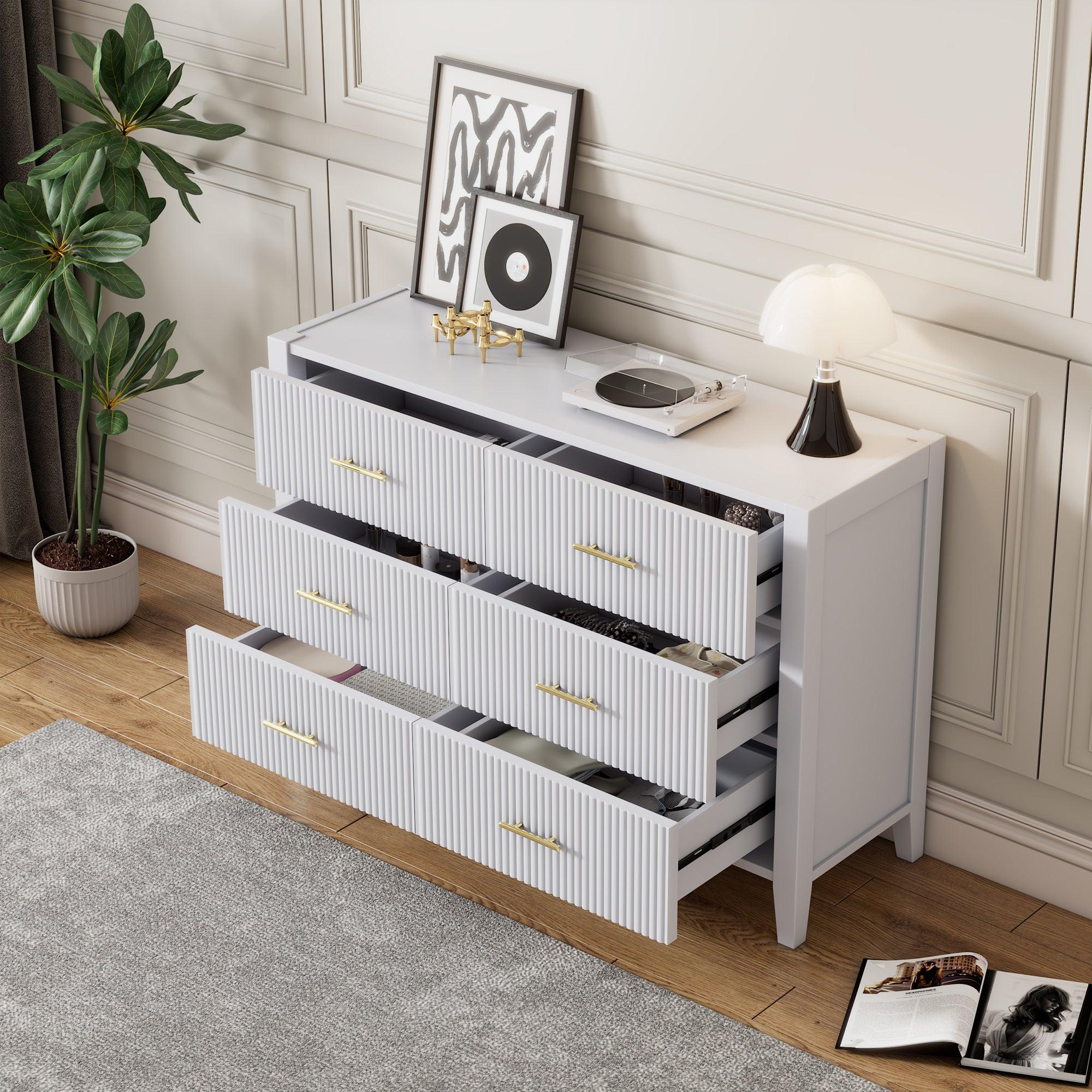 🆓🚛 6 Drawer Dresser With Metal Handle for Bedroom, Storage Cabinet With Vertical Stripe Finish Drawer, White (Passed Astm F2057-23 Test)