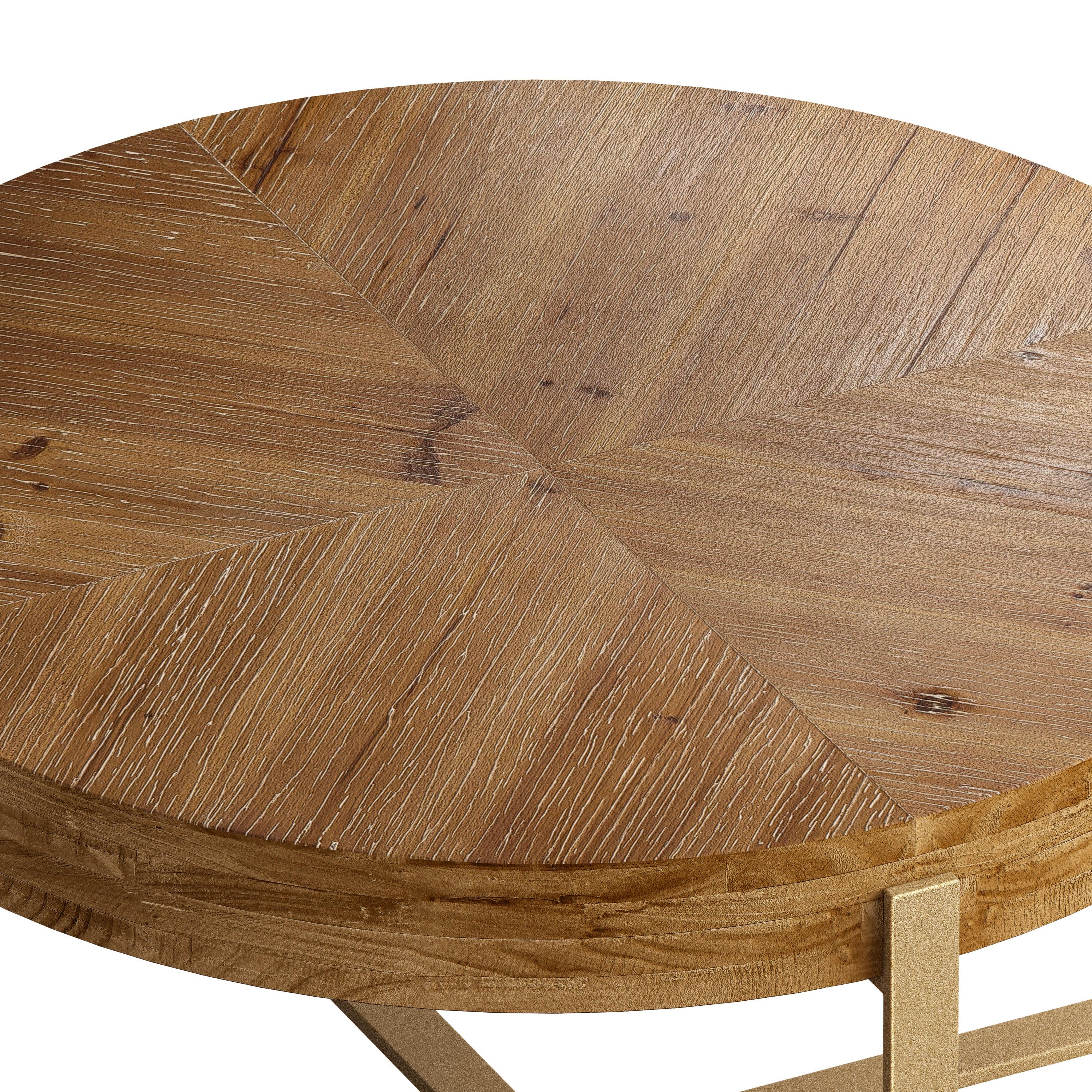 33.86" Modern Retro Splicing Round Coffee Table, Fir Wood Table Top with Gold Cross Legs Base