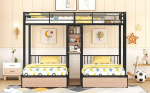 Full Over Twin & Twin Triple Bunk Bed with Drawers, Multi-functional Metal Frame Bed with desks and shelves in the middle, Black