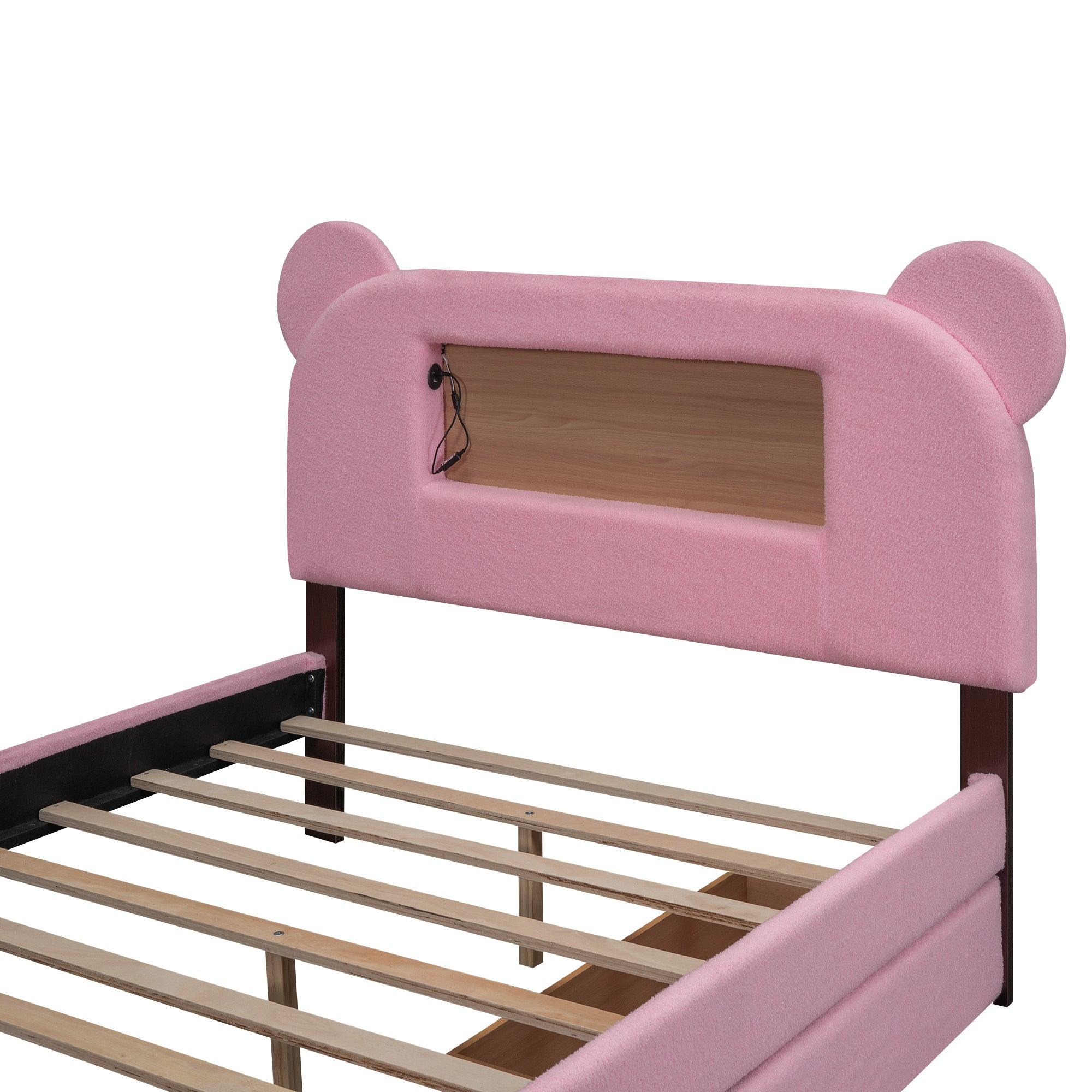 Full Size Upholstered Storage Platform Bed with Cartoon Ears Headboard, LED and USB, Pink