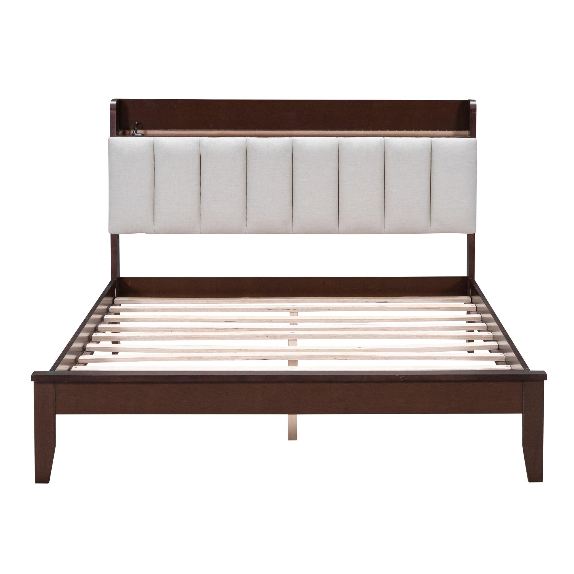 Full size Platform Bed with USB Charging Station and Storage Upholstered Headboard, LED Bed Frame, No Box Spring Needed, Walnut+Beige