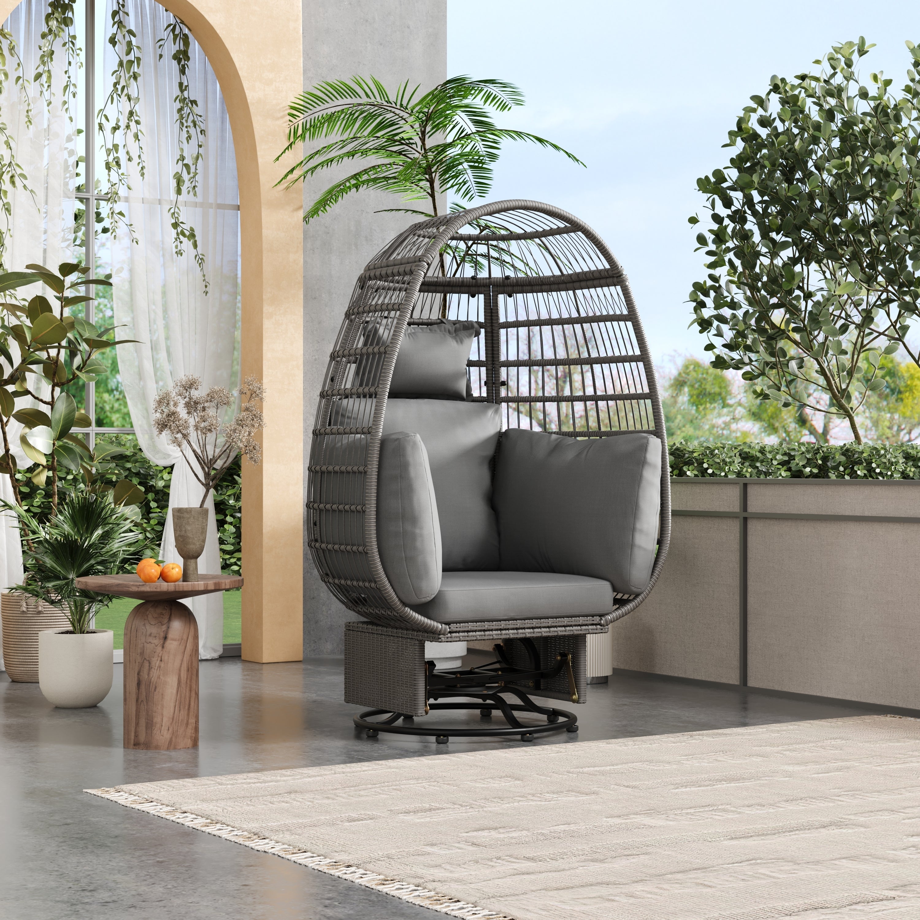 🆓🚛 Outdoor Swivel Chair With Cushions, Rattan Egg Patio Chair With Rocking Function for Balcony, Poolside and Garden, Gray Wicker + Gray Cushion