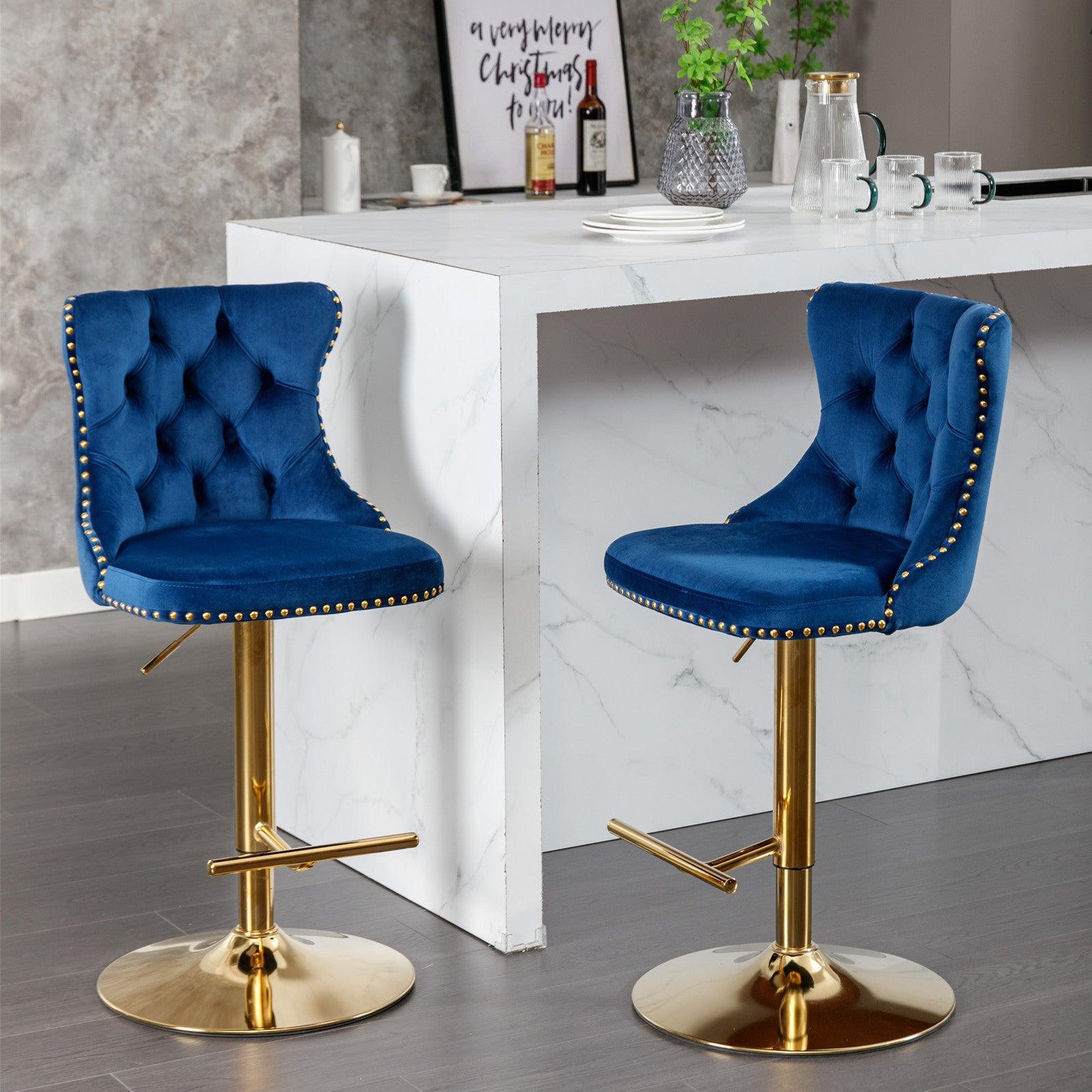 Golden Swivel Velvet Barstools Adjusatble Seat Height From 25-33 Inch, Modern Upholstered Bar Stools With Backs Comfortable Tufted For Home Pub And Kitchen Island, Blue, Set Of 2