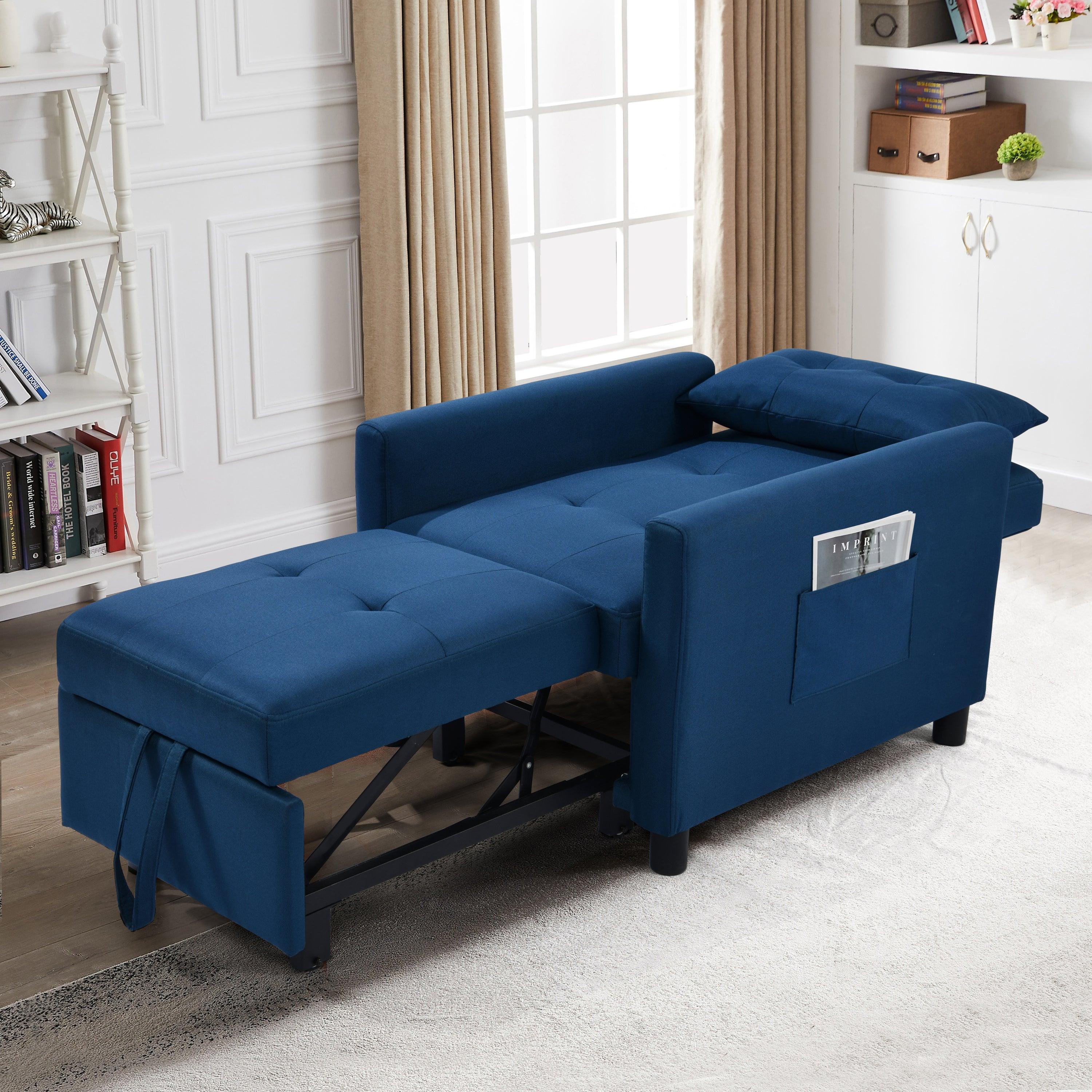 🆓🚛 Single Sofa Bed With Pullout Sleeper, Convertible Folding Futon Chair, Lounge Chair Set With 1Pc Lumbar Pillow, Navy Color Fabric