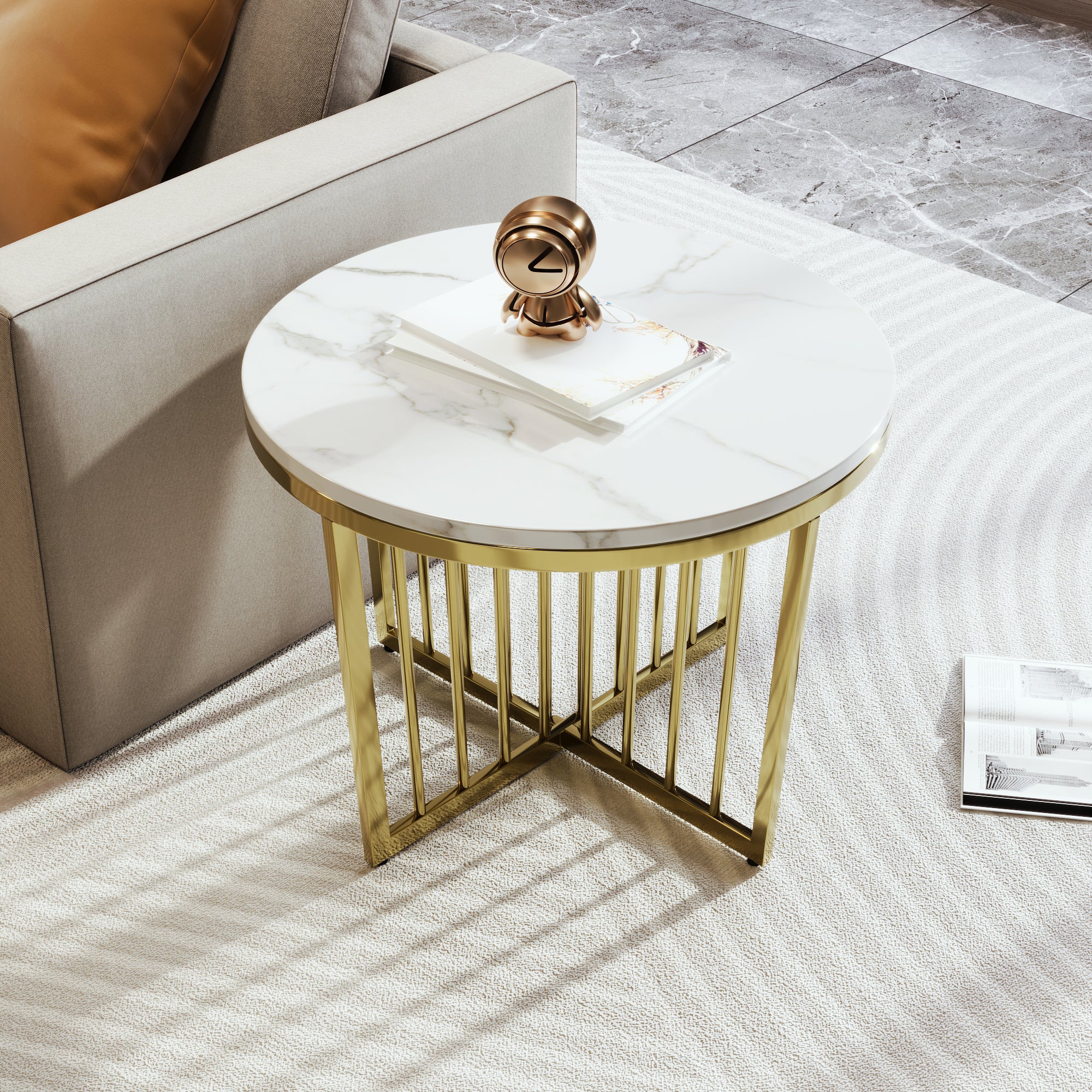 🆓🚛 Modern Round Nesting Coffee Table Set 2-Piece White & Marbling Top, Gold Base