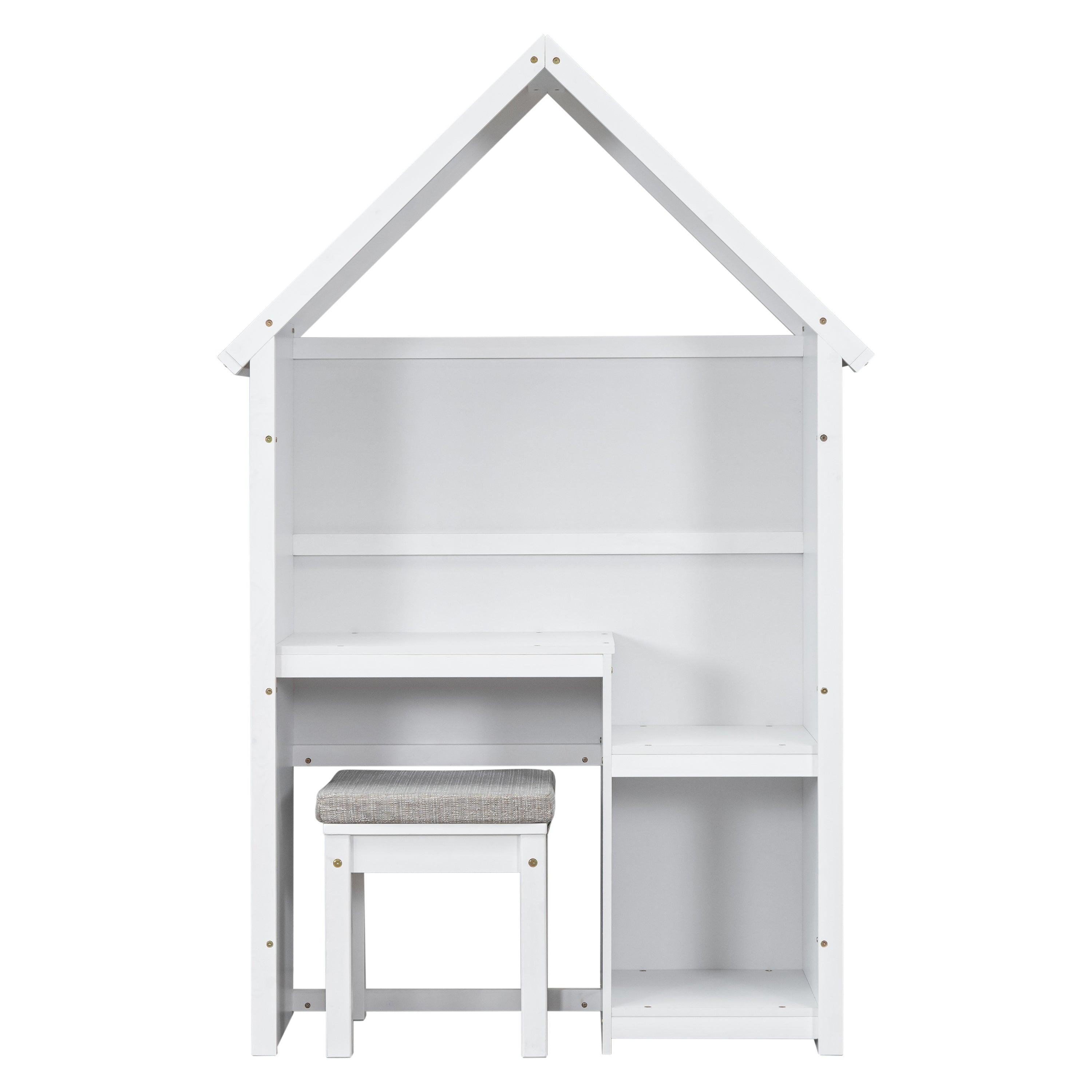 House-Shaped Desk With A Cushion Stool, White