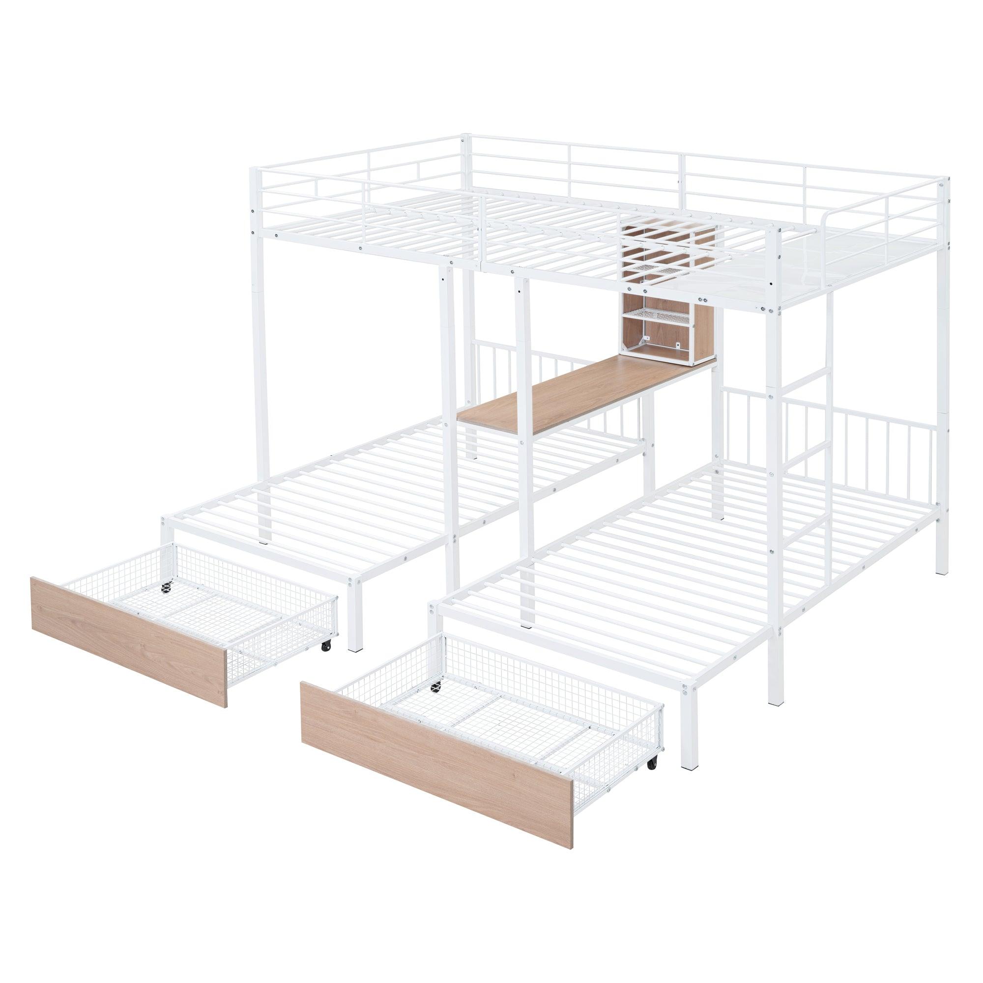 Full Over Twin & Twin Triple Bunk Bed with Drawers, Multi-functional Metal Frame Bed with desks and shelves in the middle, White