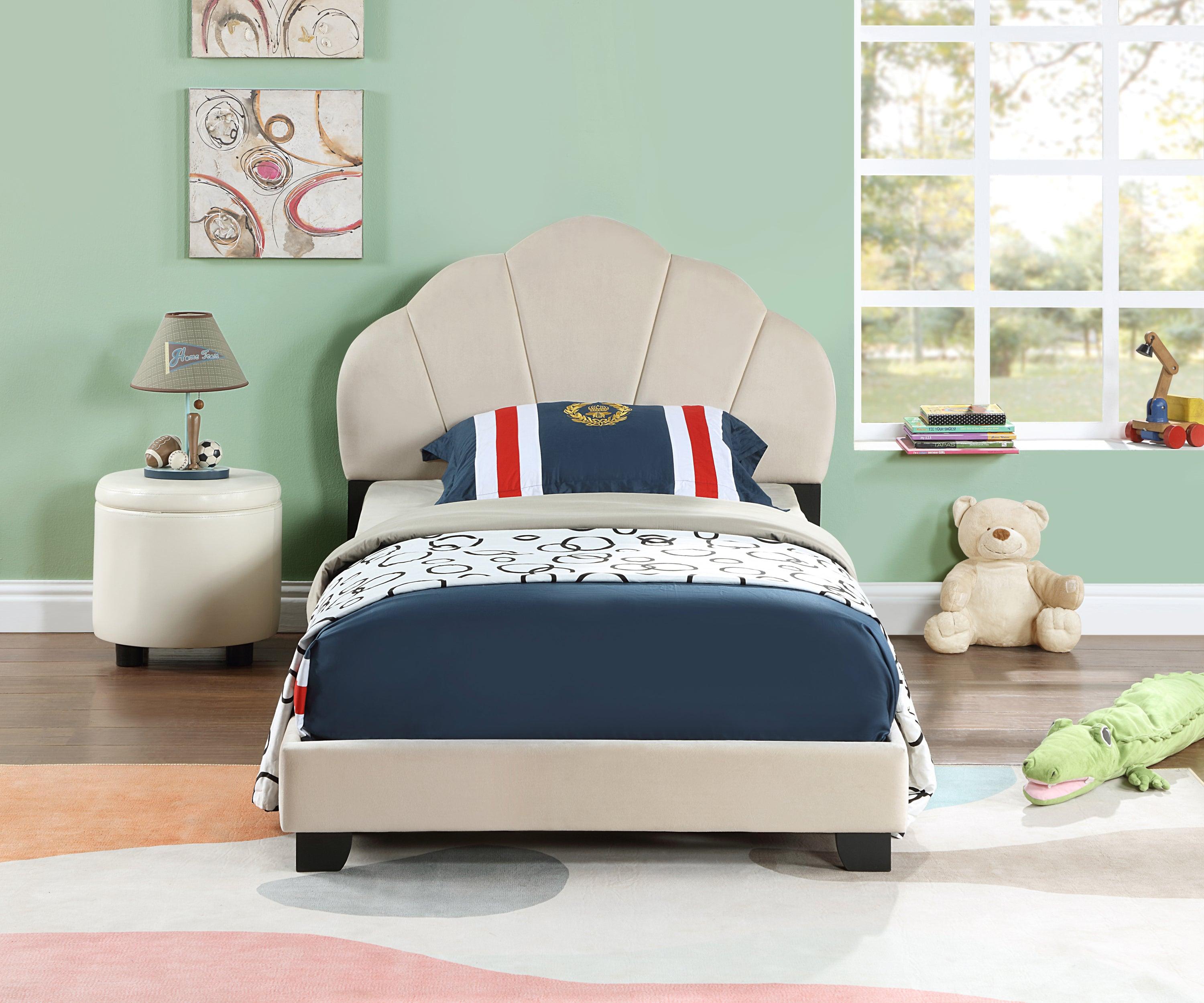 🆓🚛 Upholstered Twin Size Platform Bed for Kids, With Slatted Bed Base, No Box Spring Needed, White Color, Shell Design