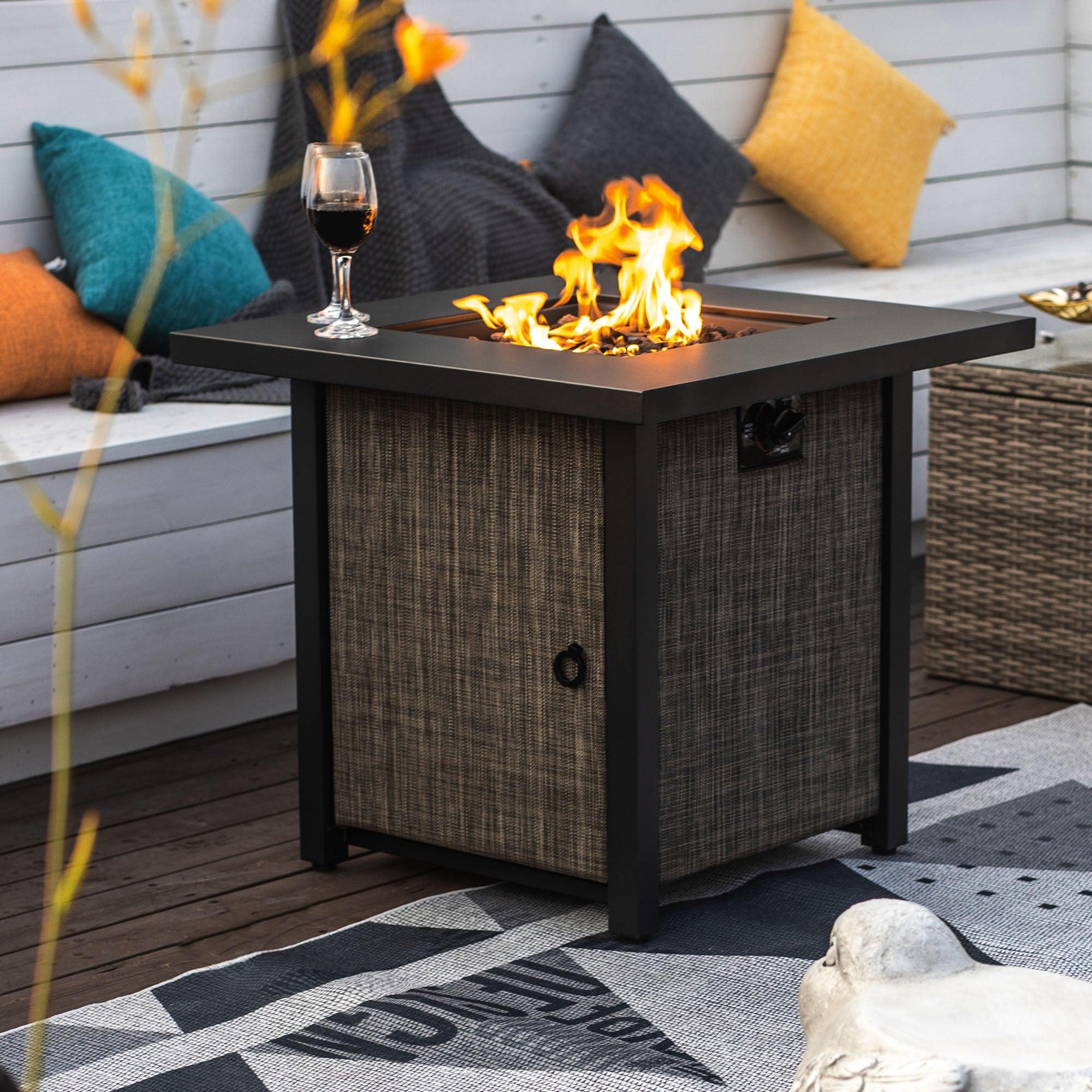 🆓🚛 40000BTU Square Propane Fire Pit Table Steel Tabletop with Textilene Side Panel, Steel Lid and Rocks