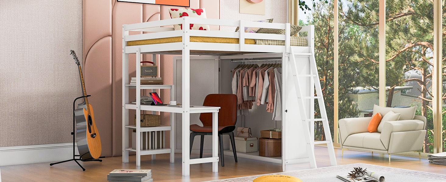 Full Size Loft Bed with Wardrobe and Desk and Shelves, White