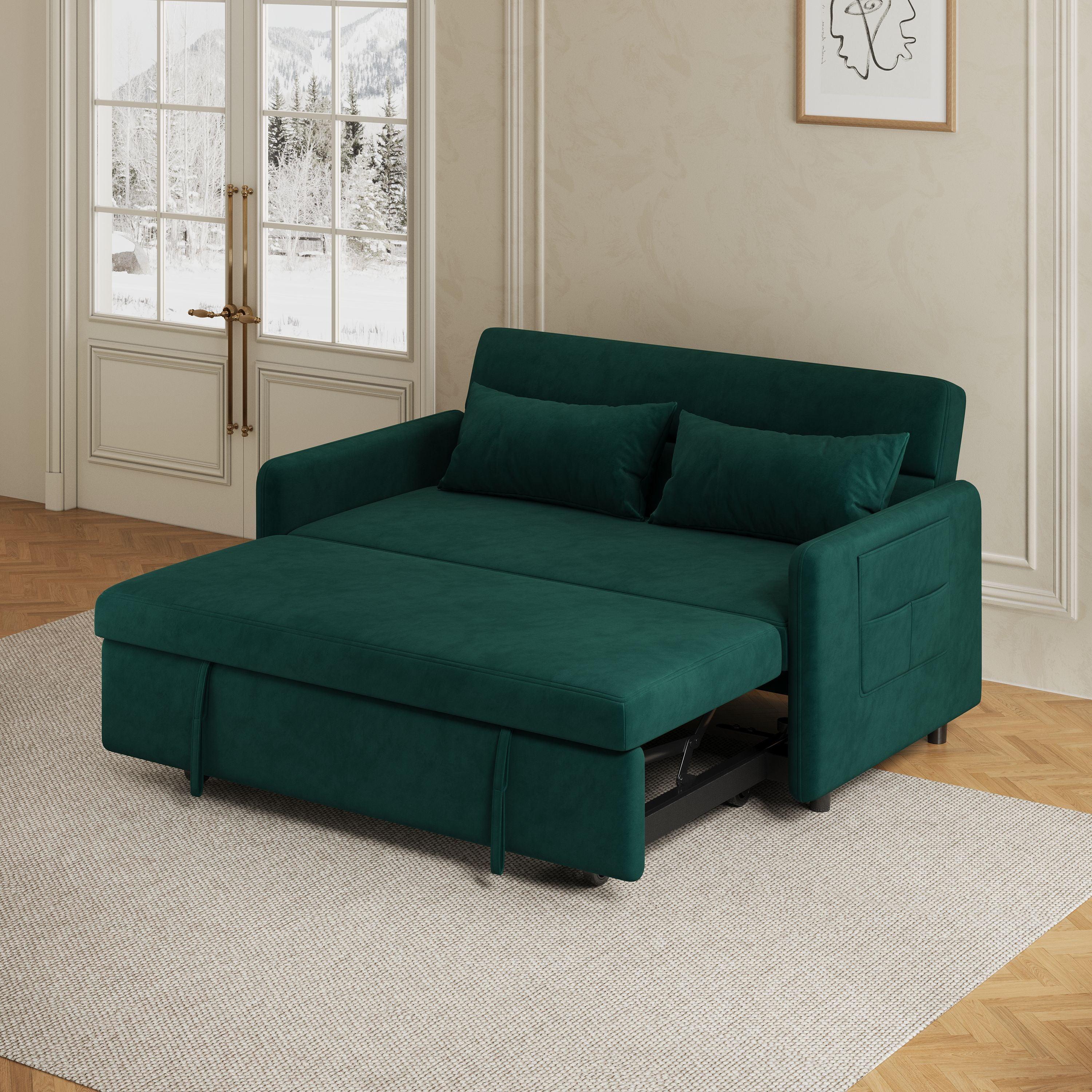 🆓🚛 Sofa Pull Out Bed Included Two Pillows 54" Green Velvet Sofa for Small Spaces