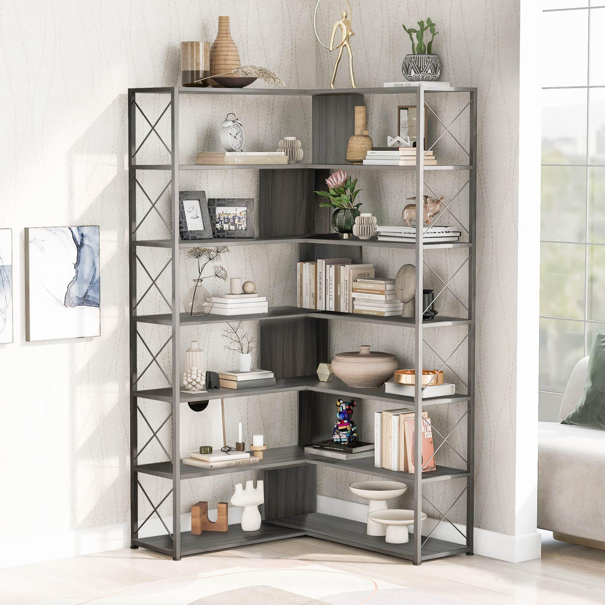 🆓🚛 Silver+Gray 7-Tier Bookcase Home Office Bookshelf, L-Shaped Corner Bookcase With Metal Frame, Industrial Style Shelf With Open Storage, Mdf Board