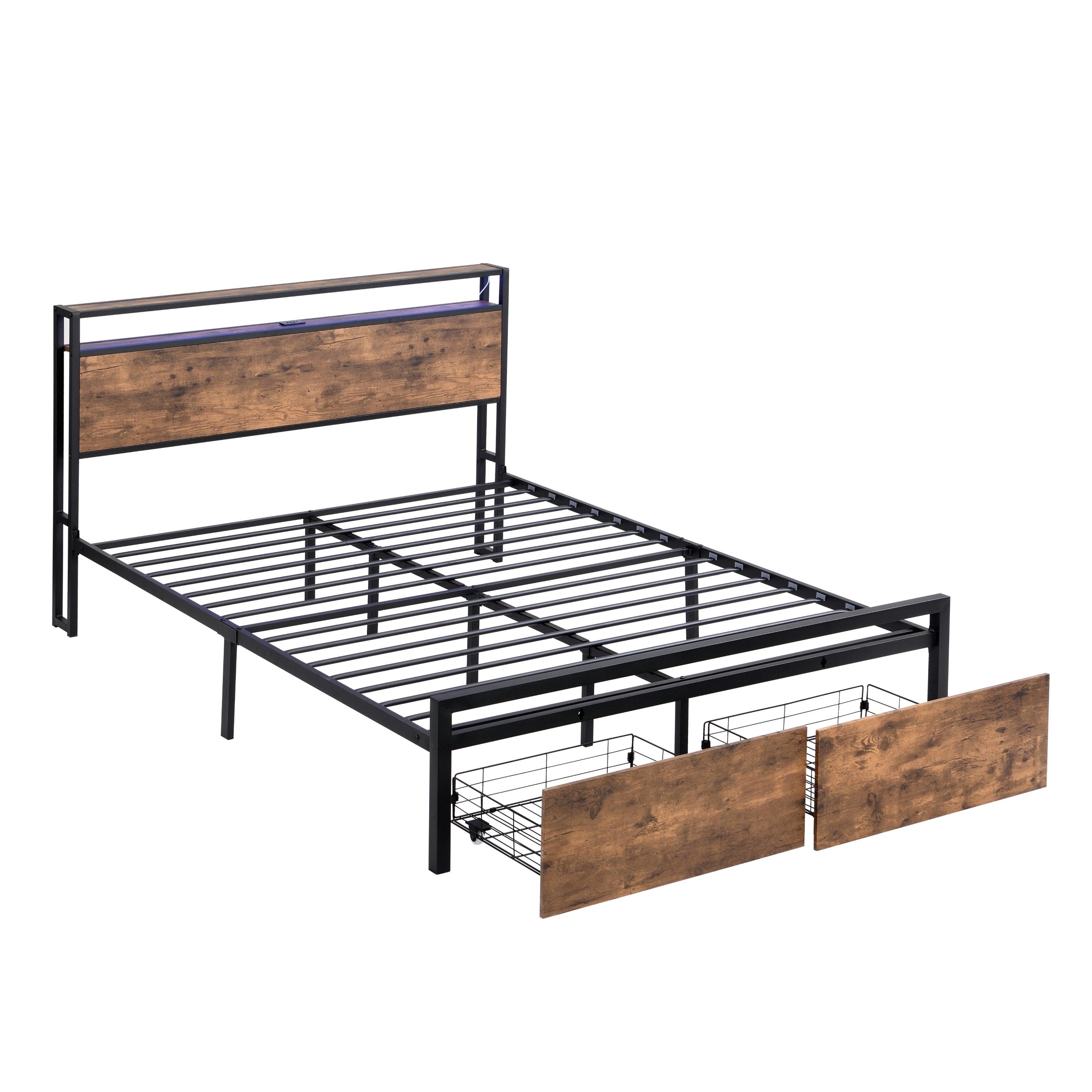 Full Size Bed Frame with Storage Headboard and 2 Drawers, LED Lights Bed with Charging Station, Metal Platform Bed No Noise