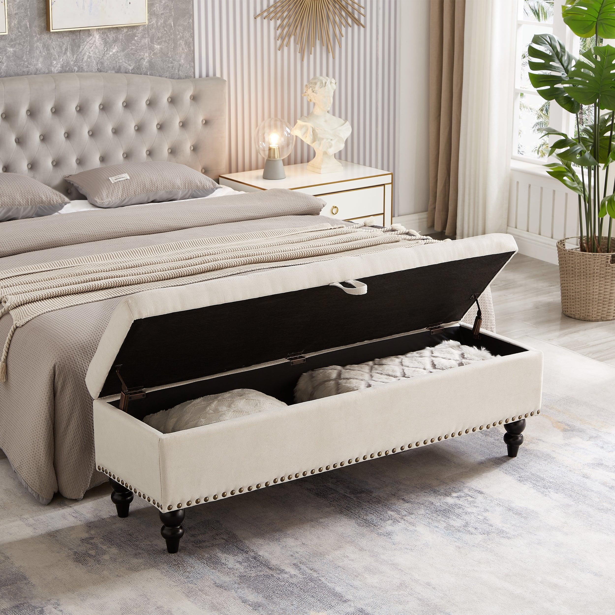 59" Bed Bench Ottoman with Storage  Beige Fabric