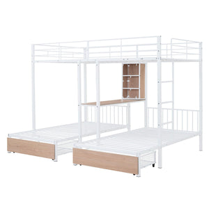 Full Over Twin & Twin Triple Bunk Bed with Drawers, Multi-functional Metal Frame Bed with desks and shelves in the middle, White