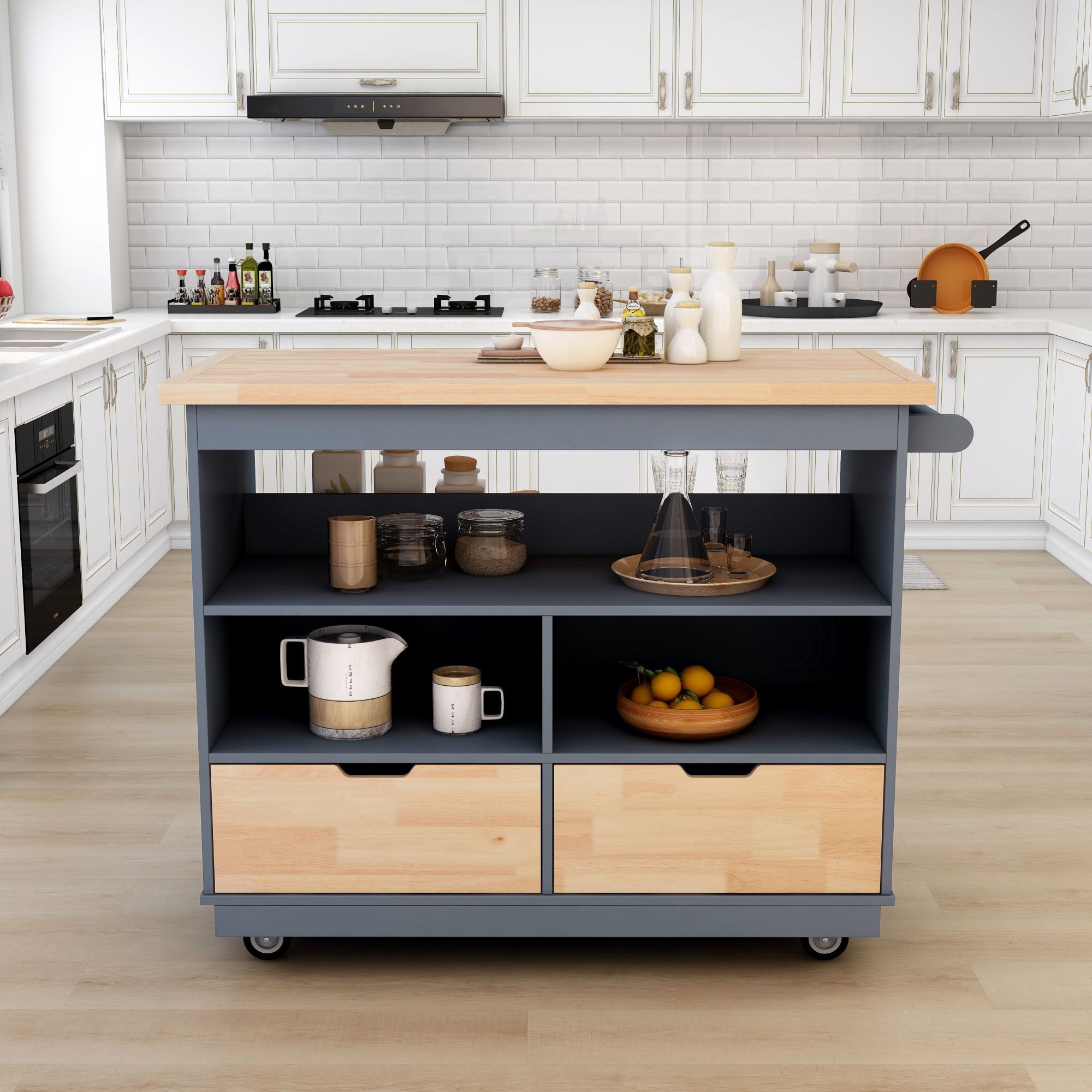 🆓🚛 Rolling Kitchen Island With Storage, Two-Sided Kitchen Island Cart On Wheels With Wood Top, Wine and Spice Rack, Large Kitchen Cart With 2 Drawers, 3 Open Compartments, Gray Blue