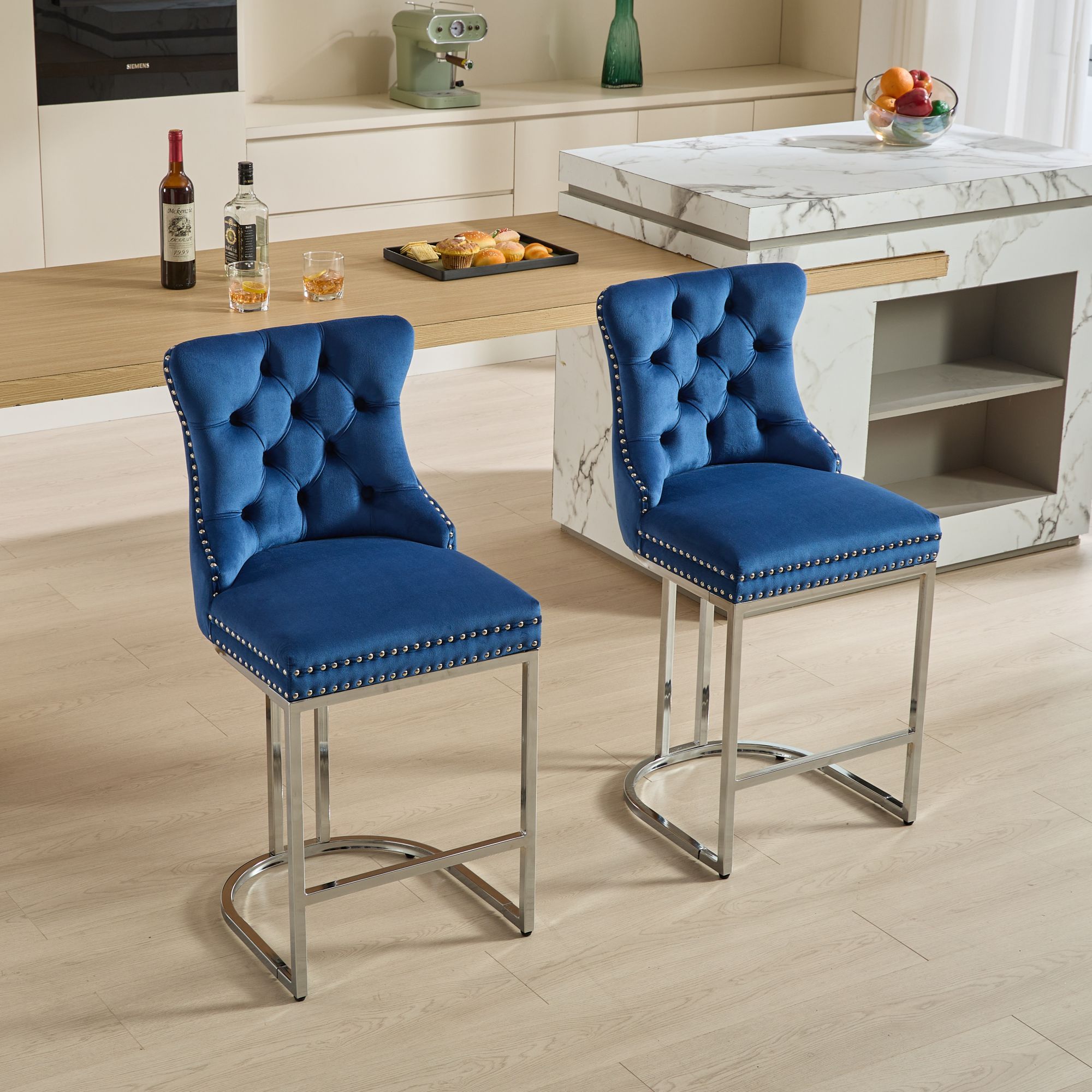 25" Counter Height Bar Stools Set of 2, Modern Velvet Barstools With Button Back & Rivet Trim Upholstered Kitchen Island Chairs With Sturdy Chromed Metal Base Legs Farmhouse Bar Stools, Blue