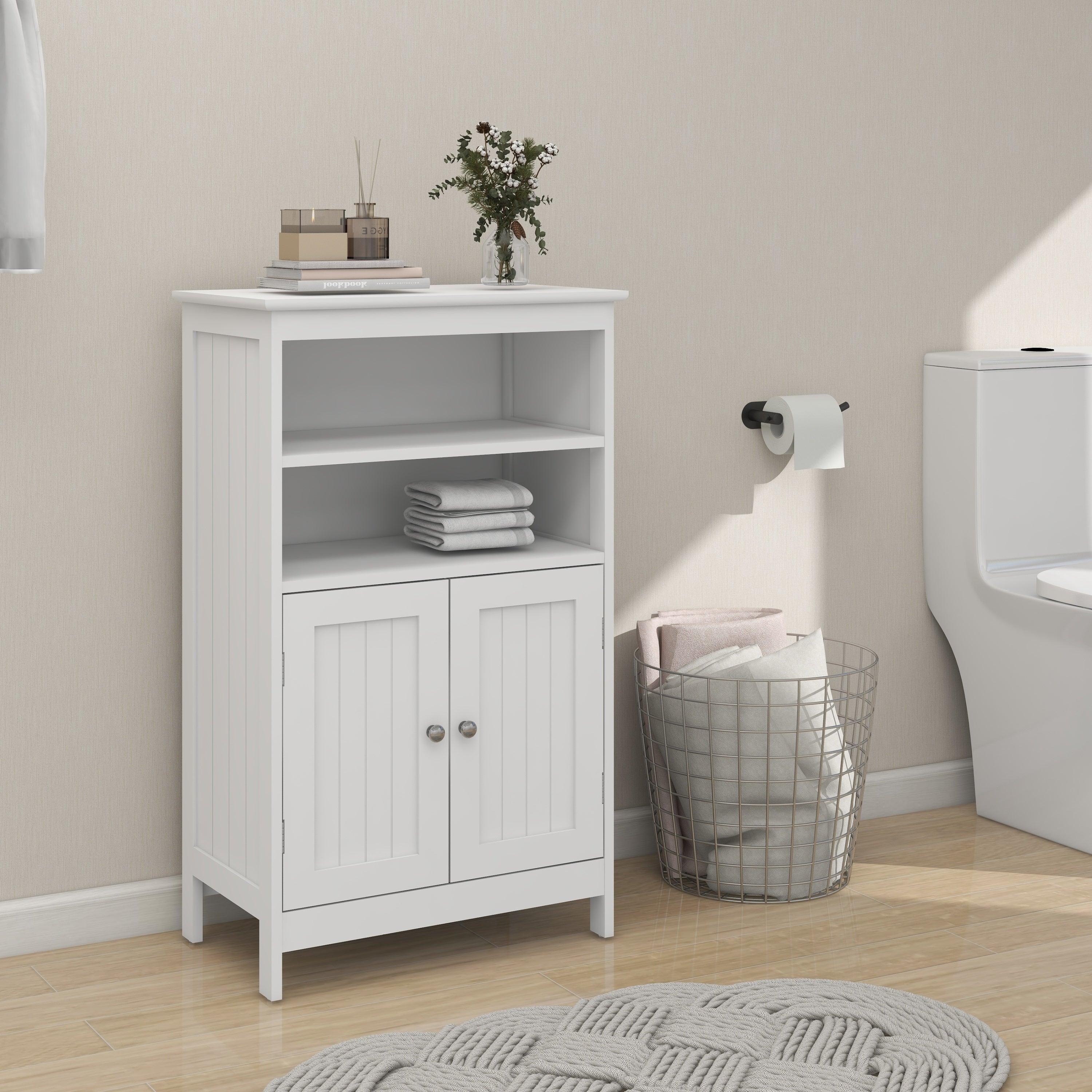 🆓🚛 Bathroom Floor Cabinet Freestanding 2 Doors & 2 Shelfs Wood Storage Organizer Cabinet for Bathroom & Living Room-White