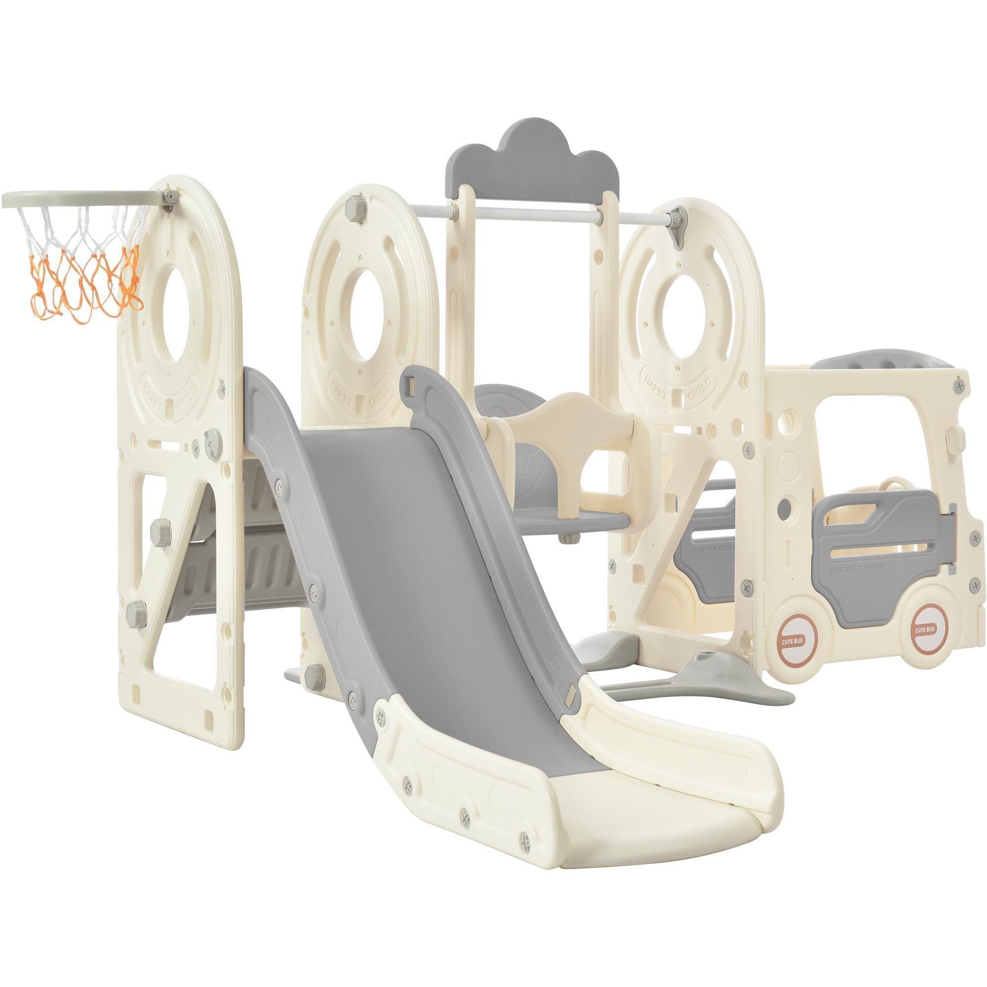 🆓🚛 Kids Swing-N-Slide With Bus Play Structure, Freestanding Bus Toy With Slide&Swing for Toddlers, Bus Slide Set With Basketball Hoop, White & Gray
