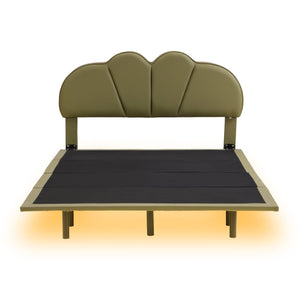 Full Size Upholstery Platform Bed with PU Leather Headboard and Support Legs, Underbed LED Light, Green