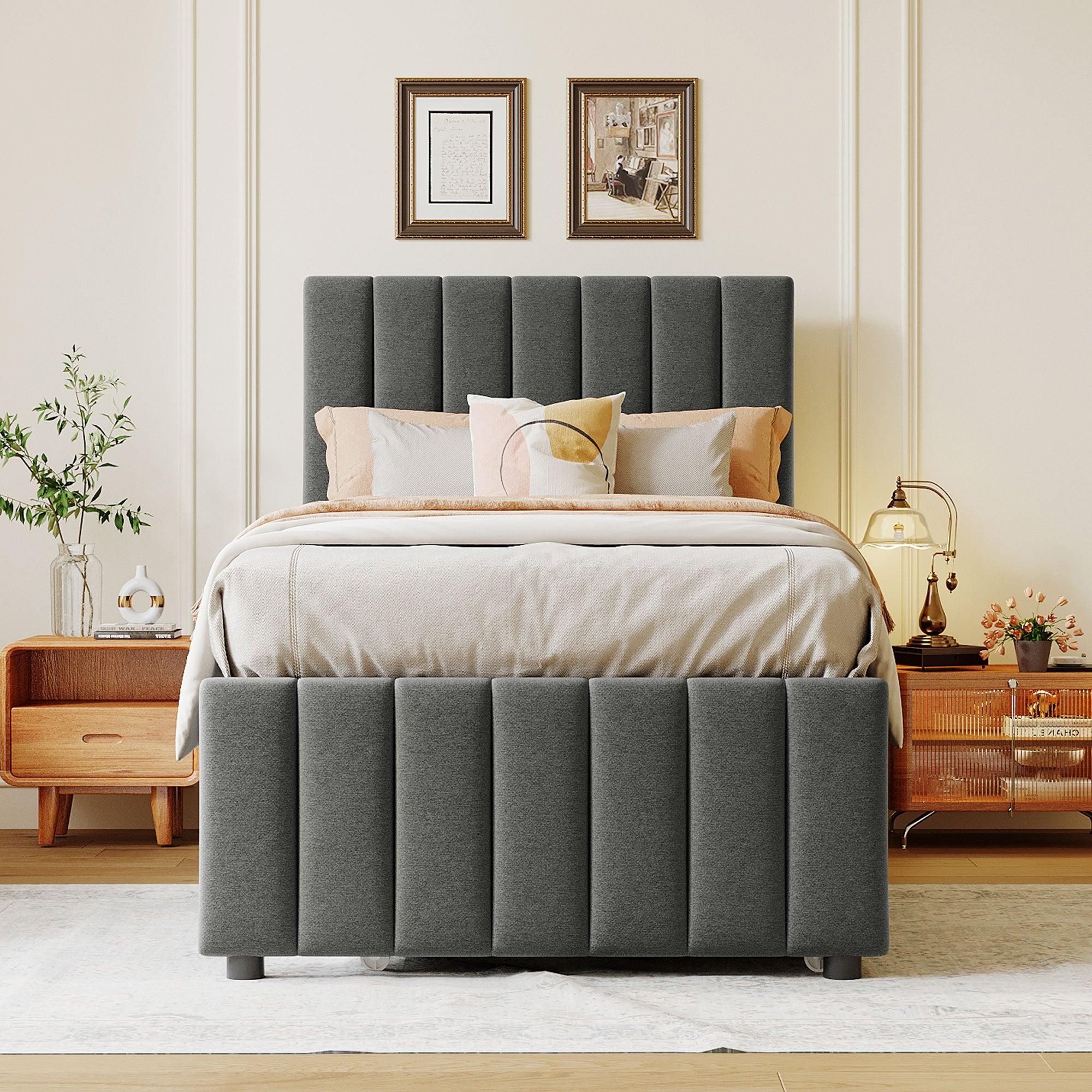 🆓🚛 Twin Size Upholstered Platform Bed With Trundle & 3 Drawers, Linen Fabric, Gray