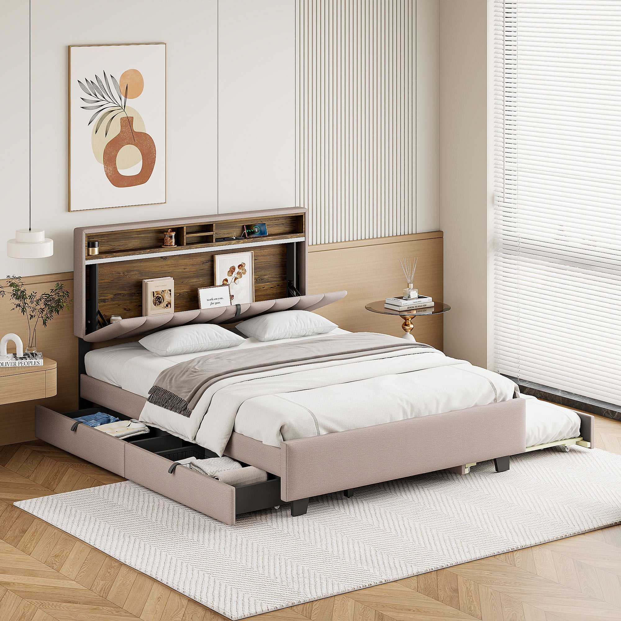 🆓🚛 Queen size Upholstered Platform Bed with Storage Headboard, Twin XL Size Trundle & 2 drawers and a set of Sockets & USB Ports, Linen Fabric, Beige