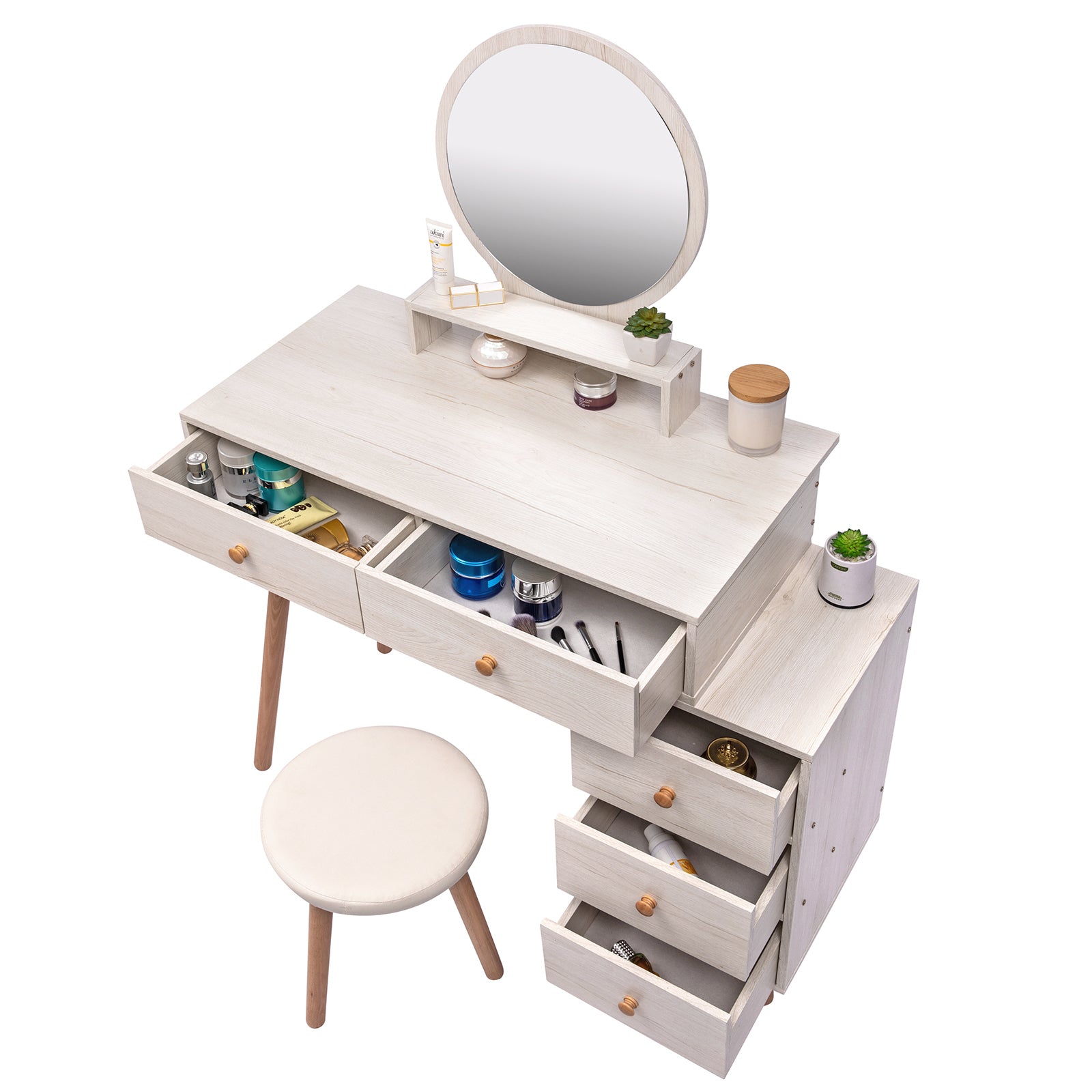 Makeup Vanity Table With Cushioned Stool, Large Capacity Storage Cabinet, 5 Drawers, Large Round Mirror, (31.5"-43.2"L X 15.8"W X 48.1"H) Length Adjustable